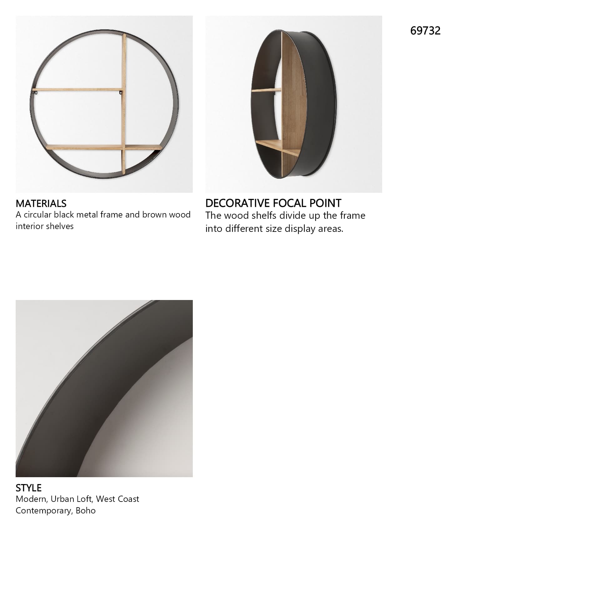 Hector 36.0L x 7.0W x 36.0H Brown Wood W/ Black Metal Round Wall Shelf — in a styled room