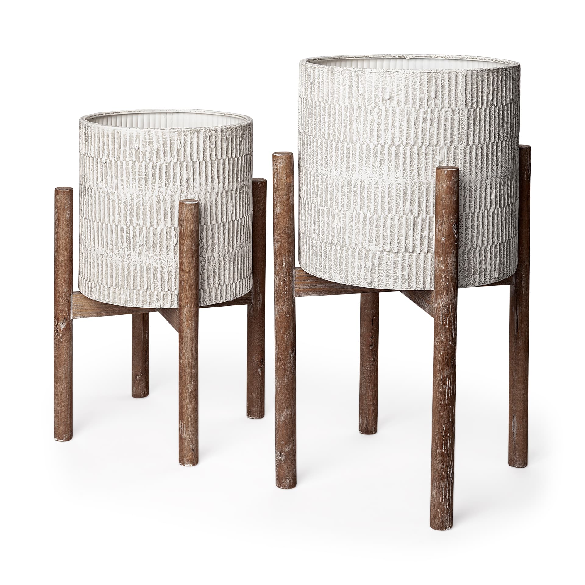 Groot Set of Two 11.8 x 23 Eggshell Ceramic Wooden Base Plant Stands — product photograph