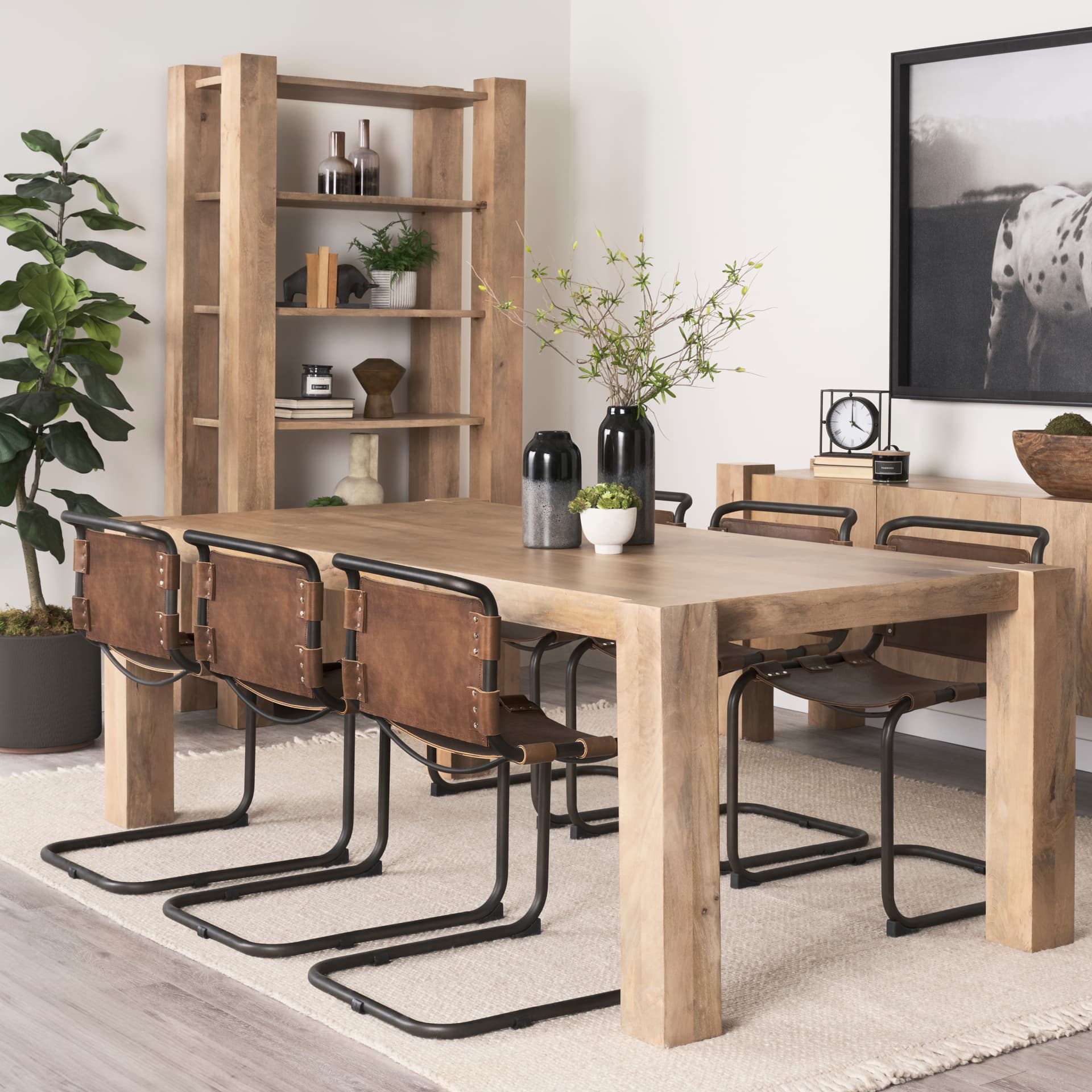 Berbick Open Back Dining Side Chair | Medium Brown Leather w/ Iron — product photograph
