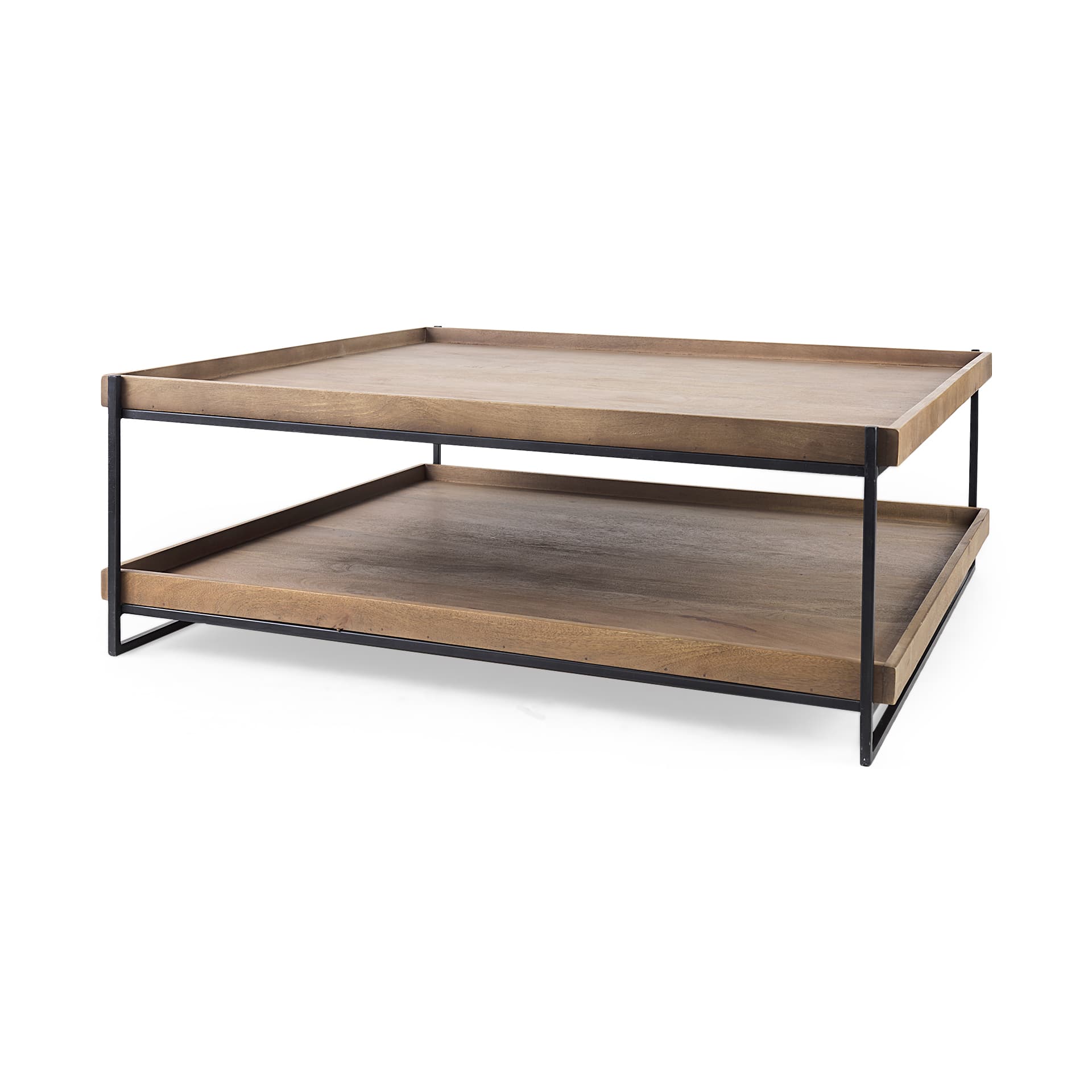 Trey 48x46 Rectangular Brown Solid Wood Top Table Black Metal Frame Two-Tier Coffee Table — product photograph