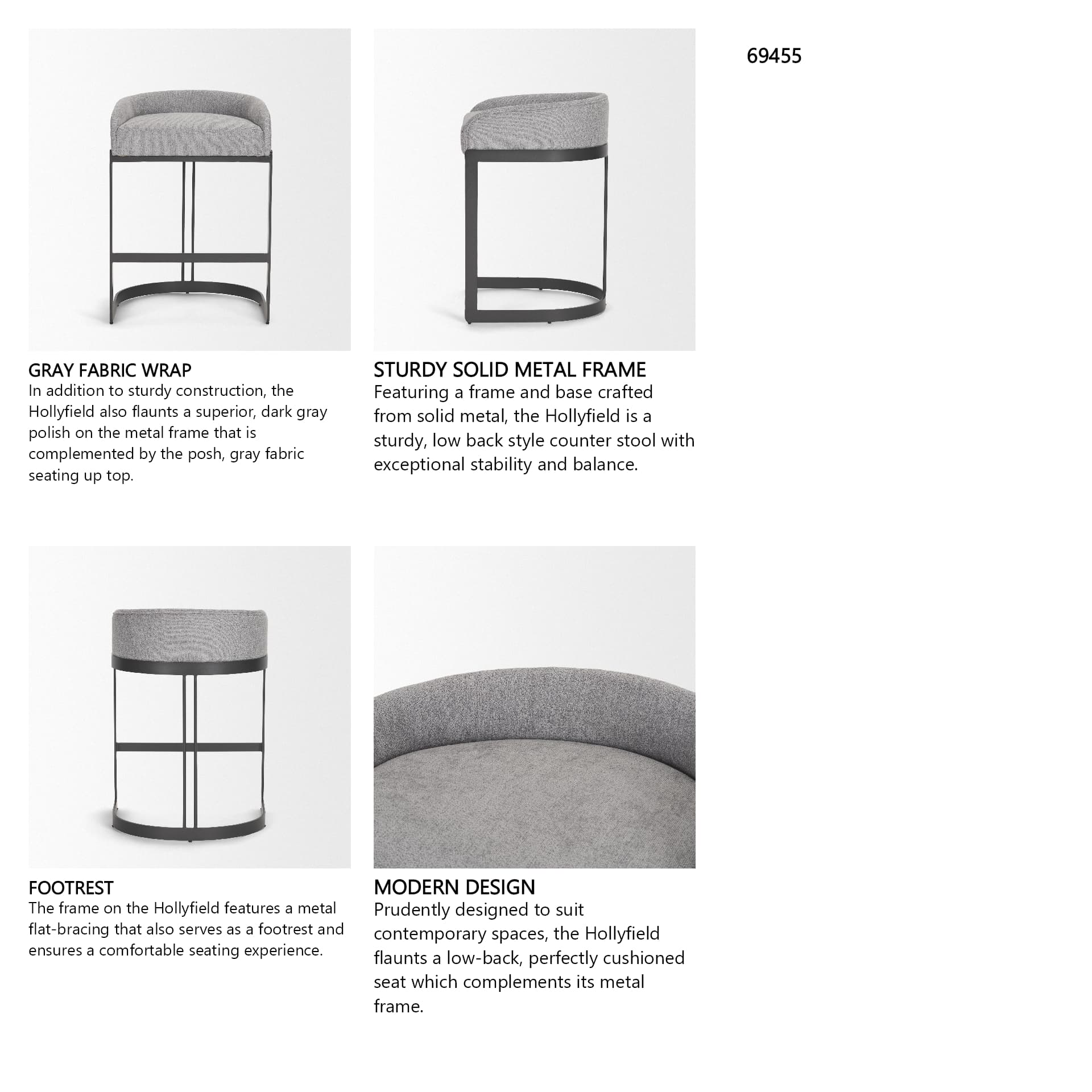 Hollyfield Low Back 28.7in Seat Bar Stool | II Gray Fabric w/ Counter — product photograph