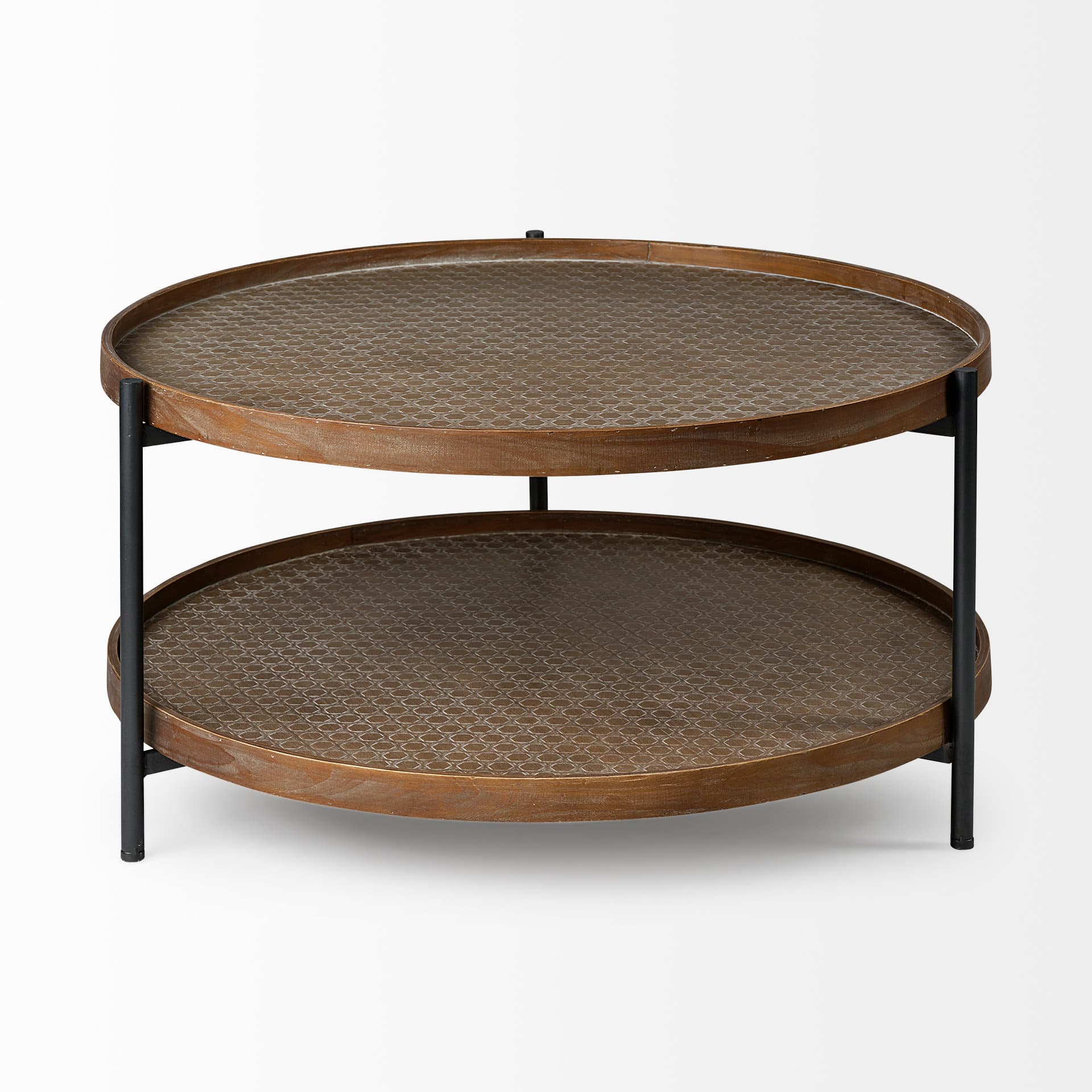 Kade 33" Round Brown Table Gray Metal Frame Two-Tier Coffee Table — product photograph
