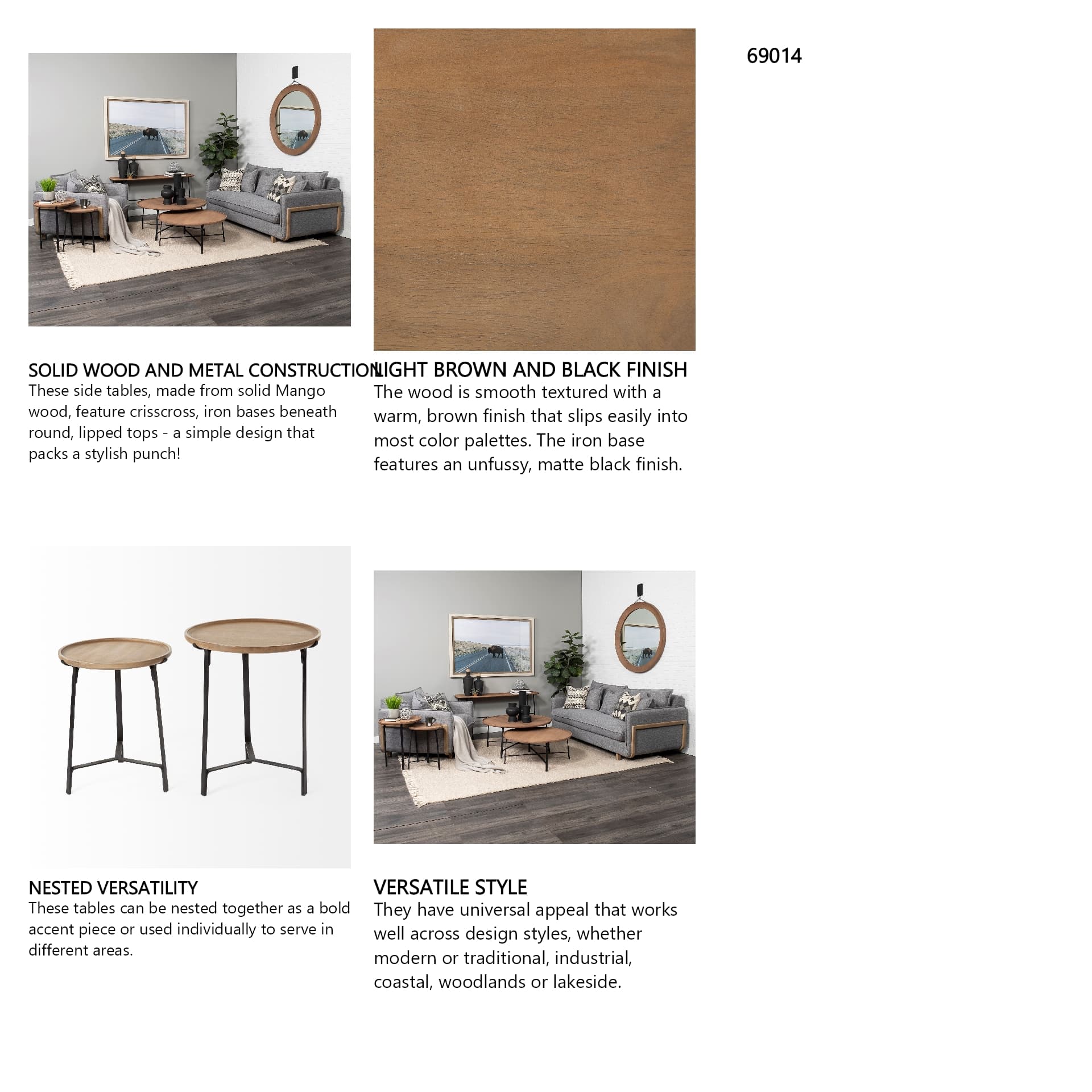 Helios III 20L x 24H Set of Two Round Brown Solid Wood Iron Base Nesting End/Side Tables — in a styled room