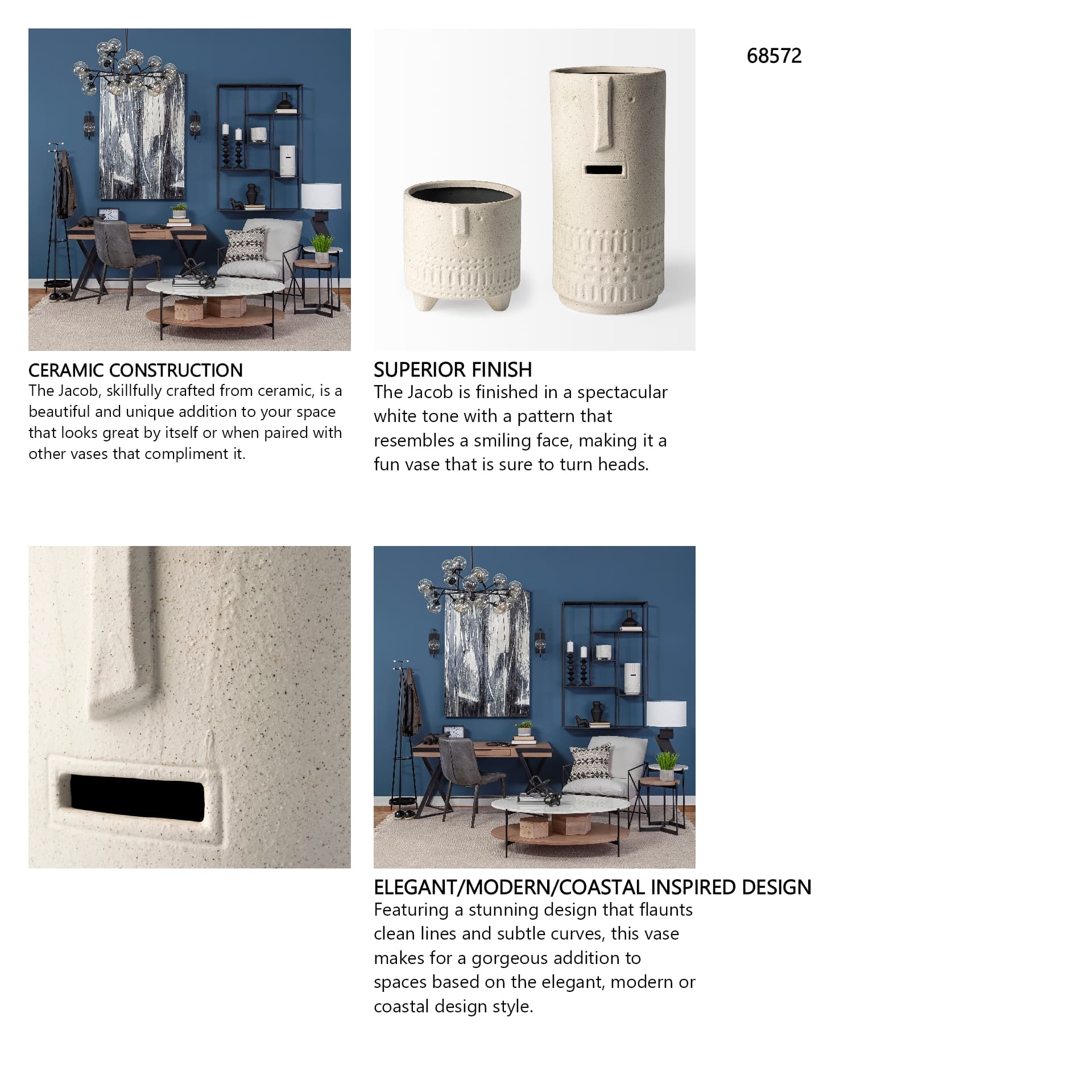 Jacob II Tall White Ceramic Smiling Face Vase — in a styled room