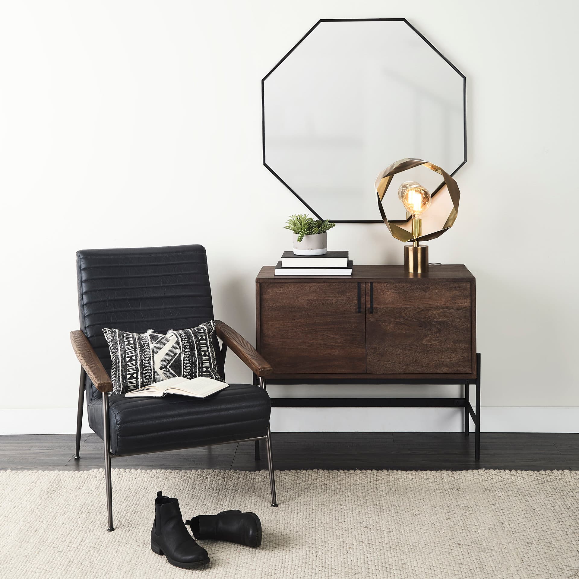 Glenn 38L x 16W x 30H Dark Brown Wood w/ Black Iron Frame, 2 Door Accent Cabinet — in a styled room