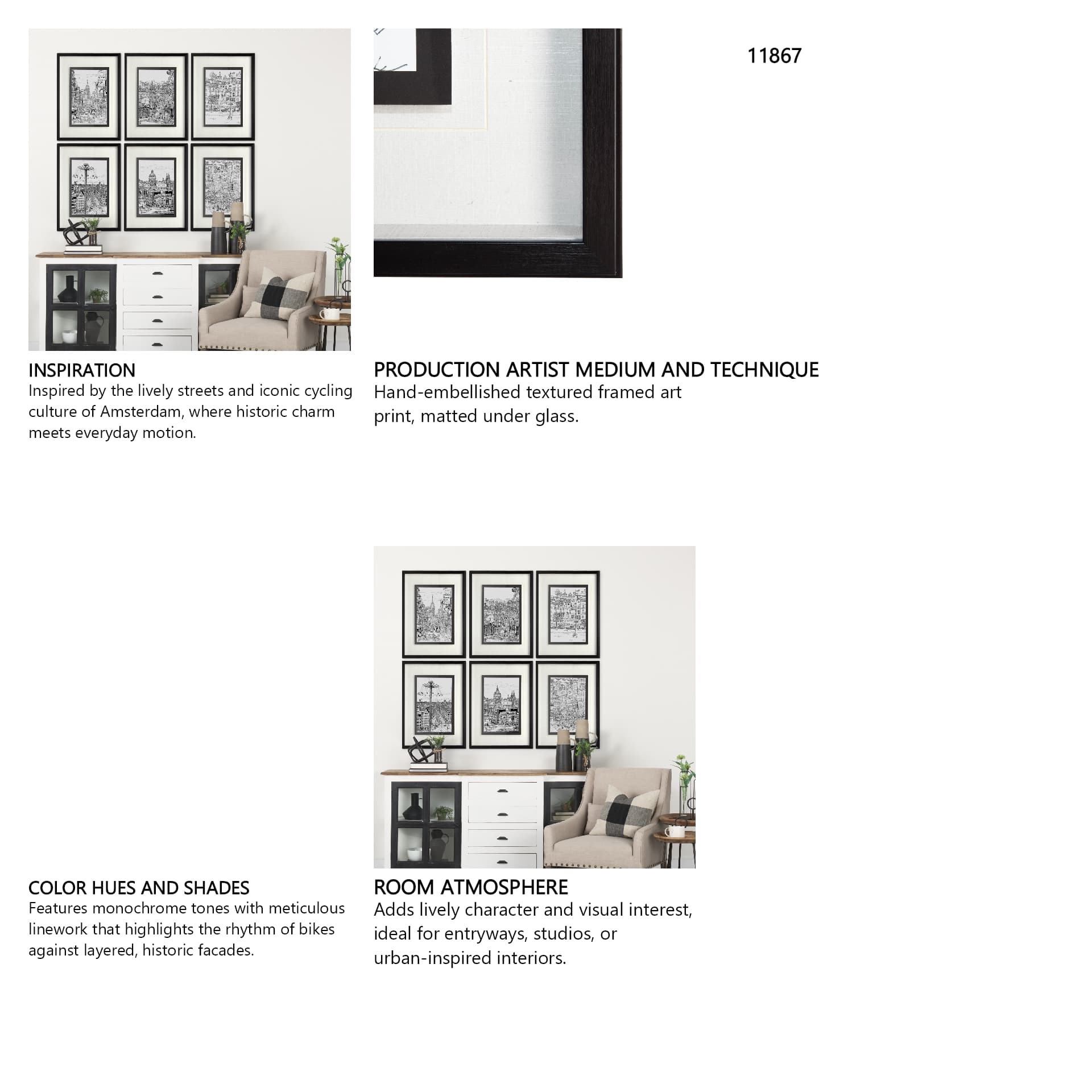 B&W City Scene I by Melissa Wang a Hand Embellished Textured Framed Art Print Matted under Glass — in a styled room