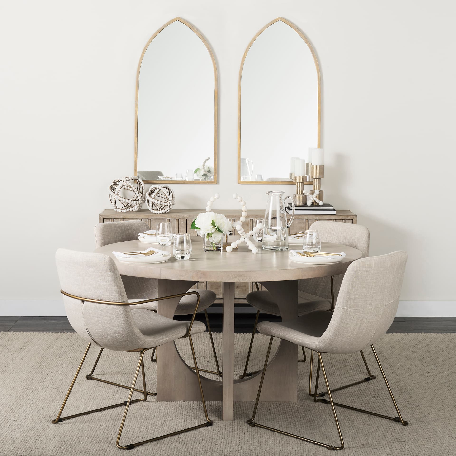 Sawyer Solid Back Dining Side Chair | Beige Fabric w/ Gold Metal — product photograph