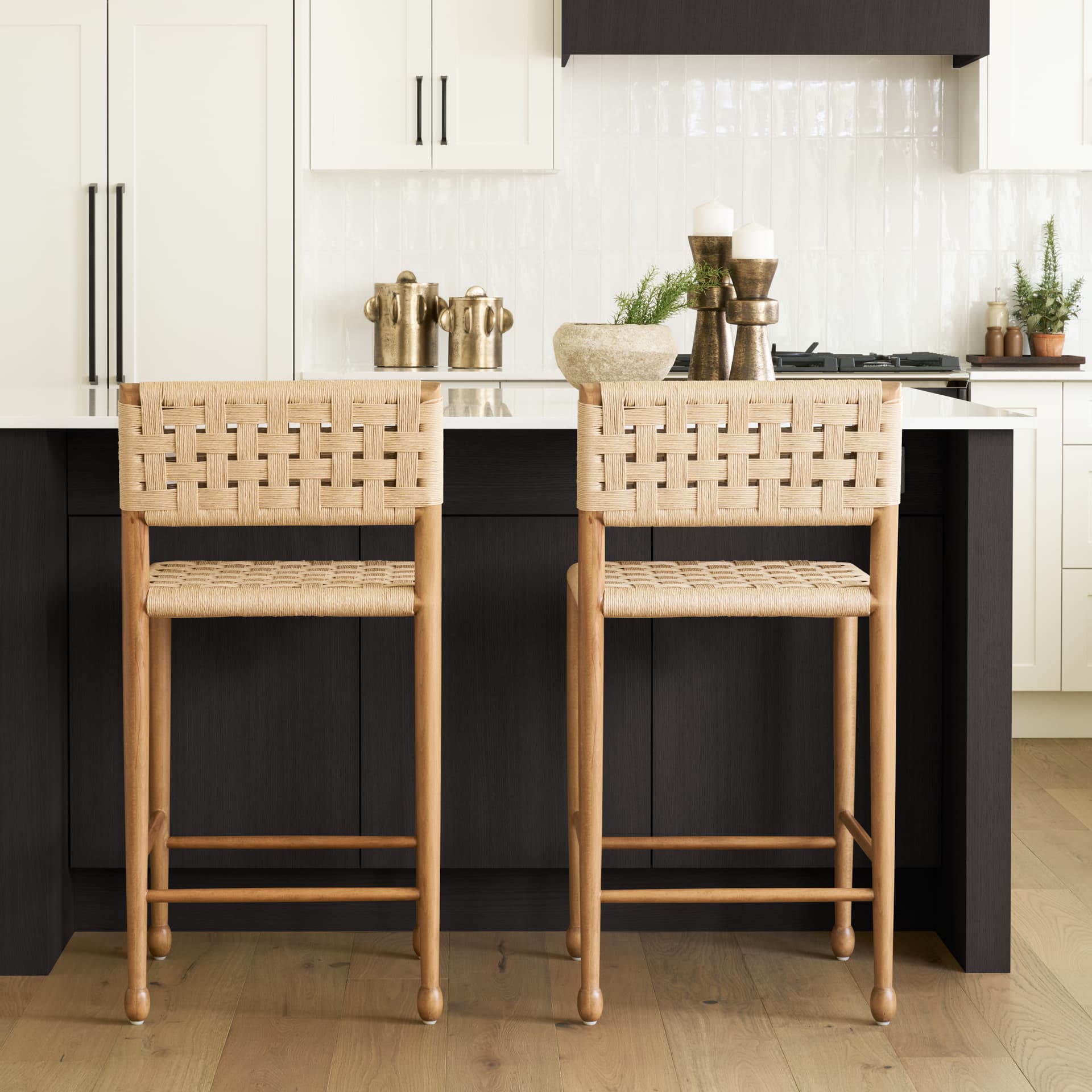Brinley Backless 39in Seat Counter Stool | Paper Rope w/ Brown Wood — in a styled room