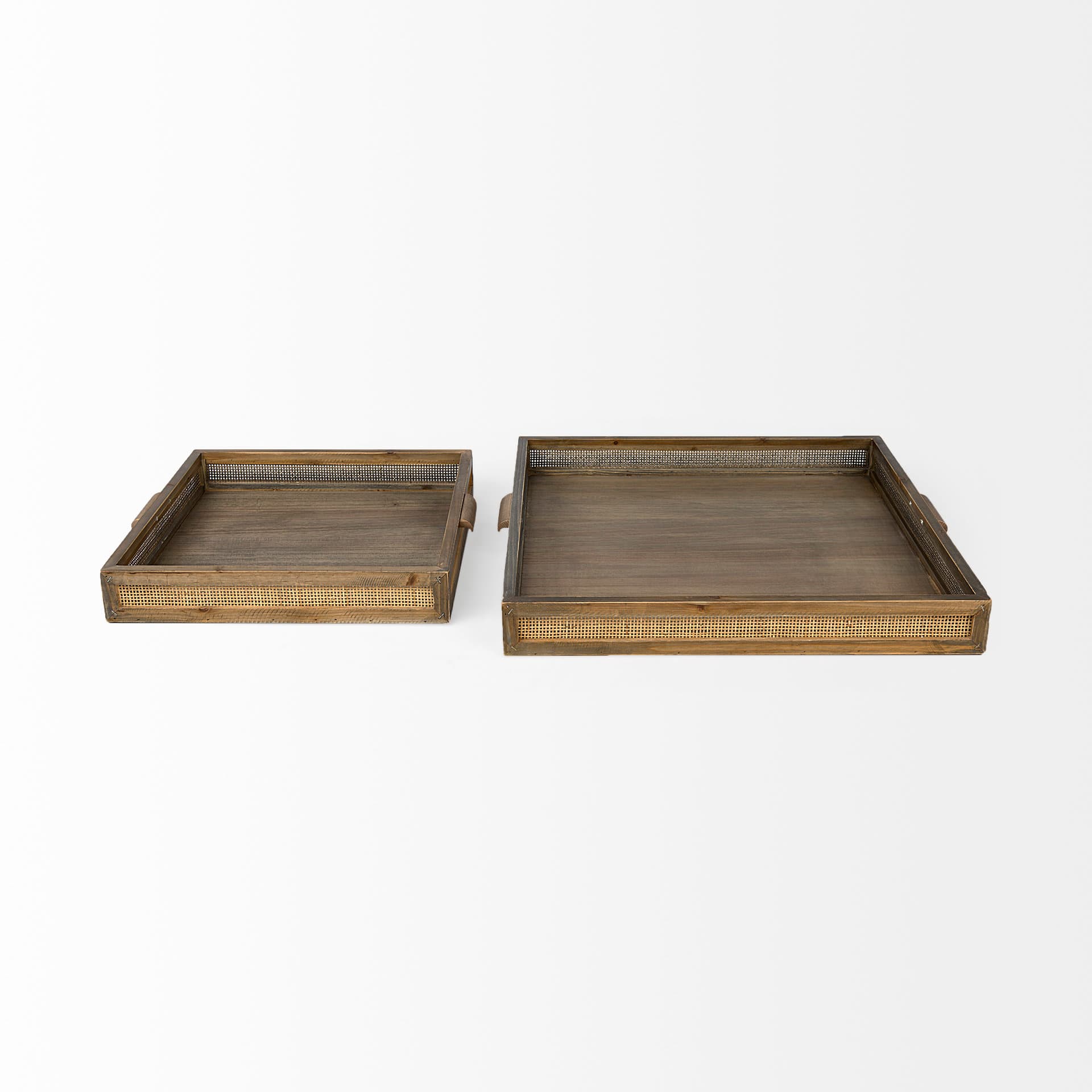 Sonny 23.6L x 23.6W x 2.0H Set of Two Brown Wood and Wicker Square Trays — product photograph