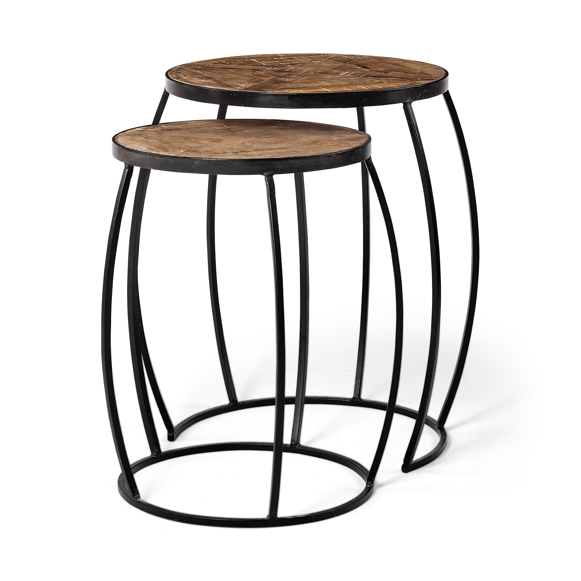 Clapp III (Set of 2) 20L x 20W Brown Round Wood Top W/ Black Metal Frame Nesting Accent Tables — product photograph