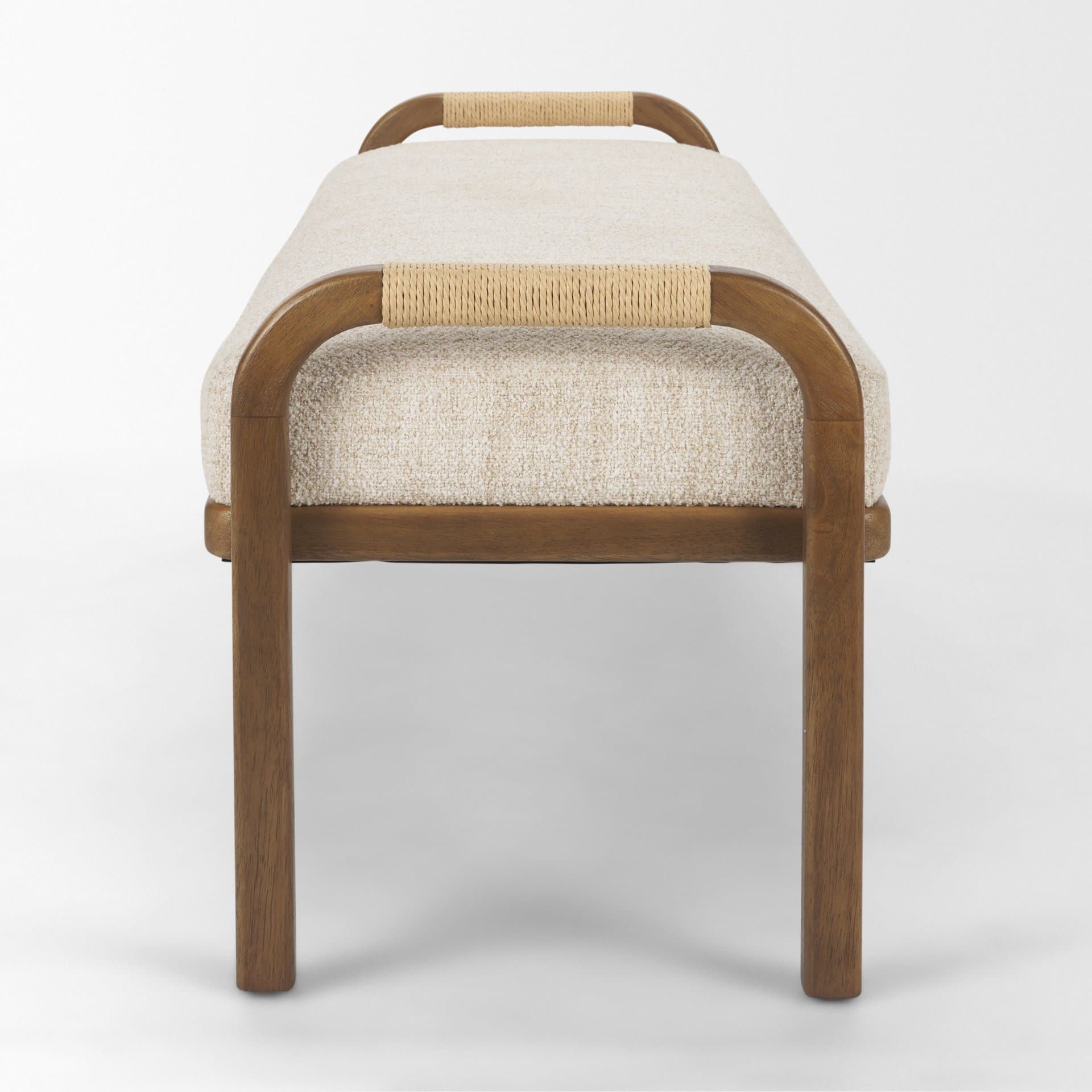 Freya Upholstered Bench | Oatmeal Fabric | Brown Wood Frame — product photograph