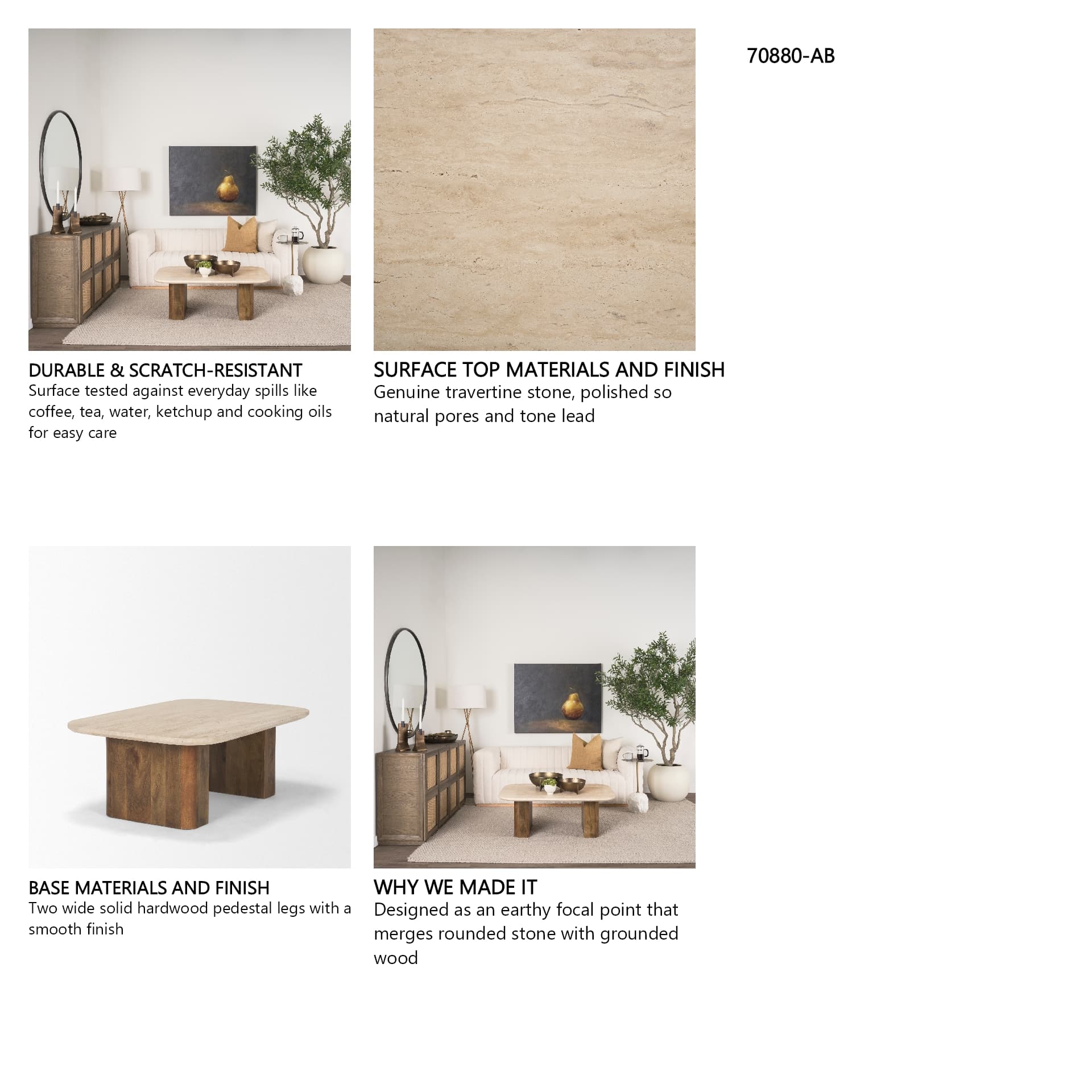 Symona Travertine and Mango Wood Rectangle Coffee Table — in a styled room