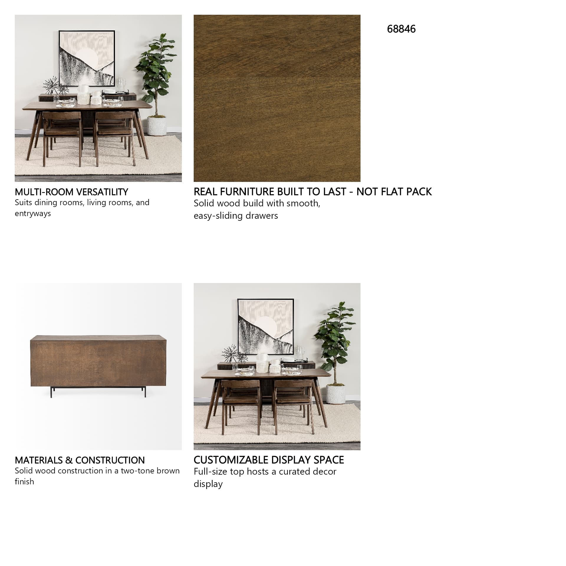 Grace 70Wx18.5Lx31.25H Two-Tone Brown Solid Wood 6 Drawer Sideboard — in a styled room