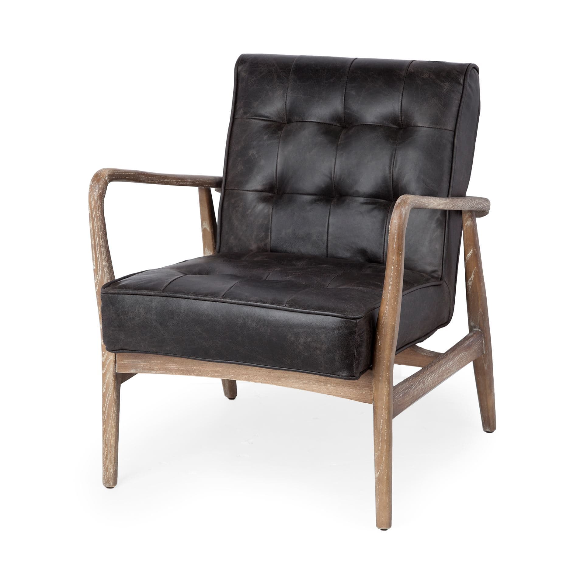 Phineas Black Leather W/ Brown Wooden Frame Accent Chair — product photograph