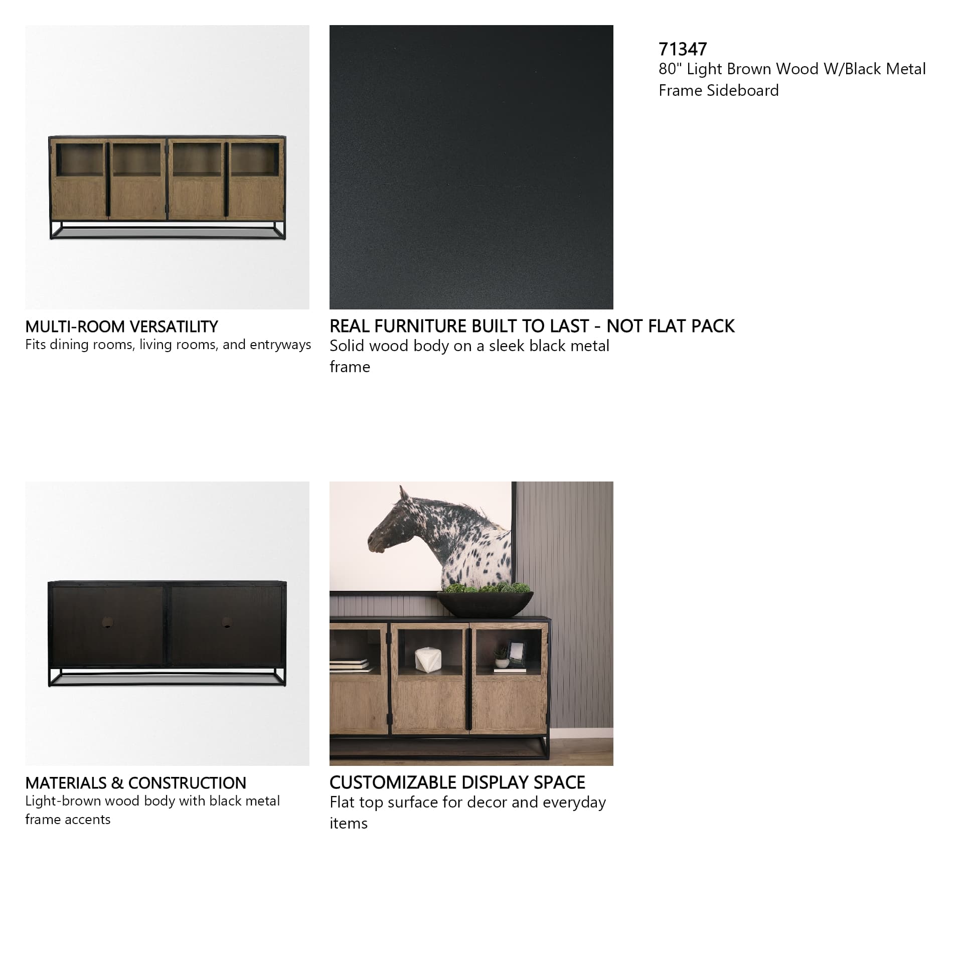 Sloan 80" Light Brown Wood W/Black Metal Frame Sideboard — in a styled room