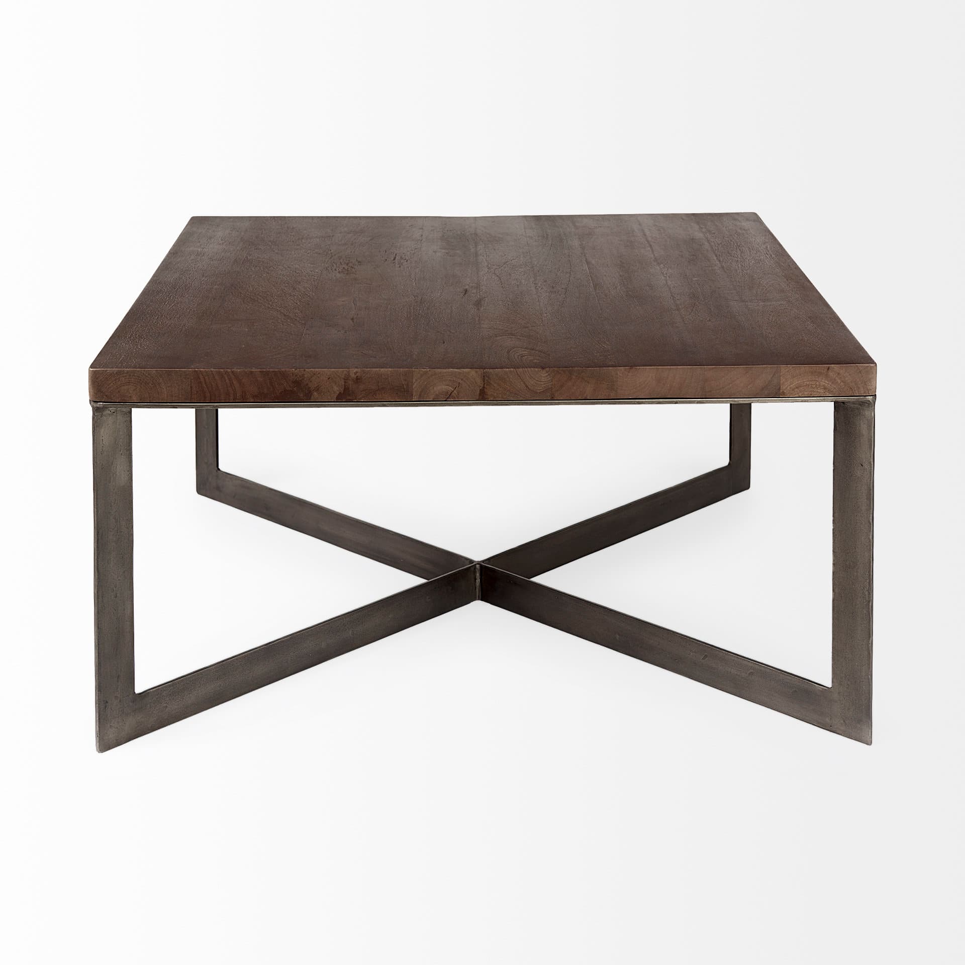 Faye 34L x 34W x 17H Medium Brown Wood W/Antique Nickel Metal Base Square Coffee Table — product photograph