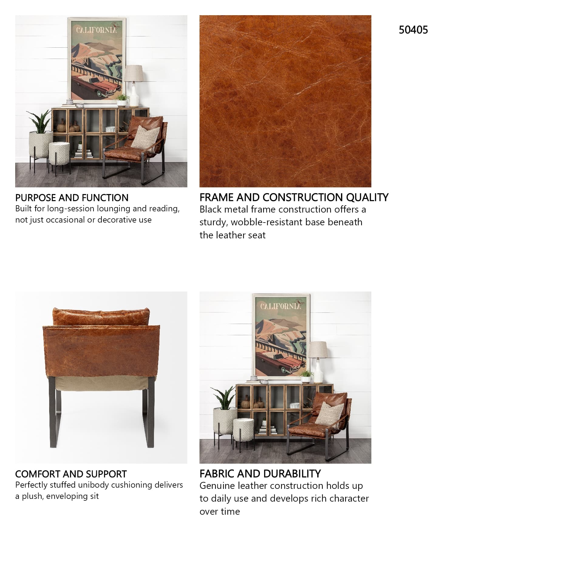 Hornet I 27.0L x 35.0W x 36.0H Brown Leather Unibody Seat w/ Black Metal Frame Accent Chair — in a styled room