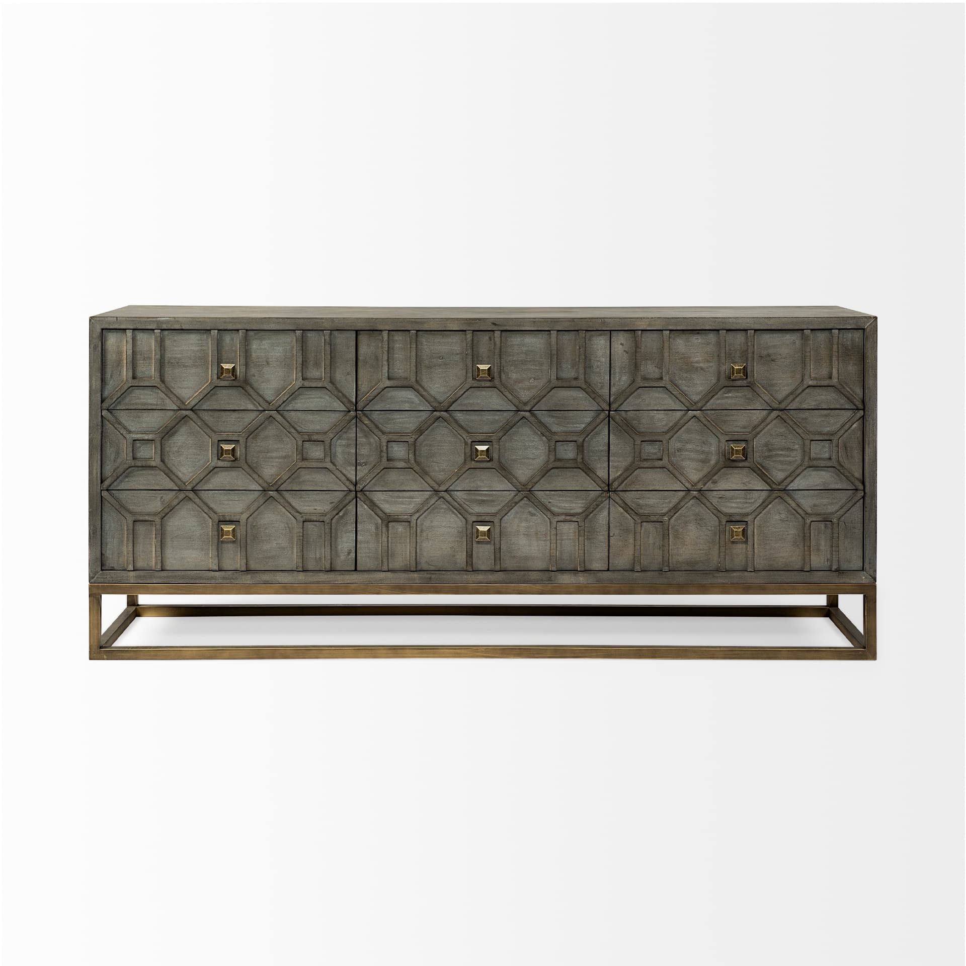 Genevieve II 70x15.8 Gray Fir Veneer W/Gold Metal Frame Base 9 Drawer Sideboard — product photograph