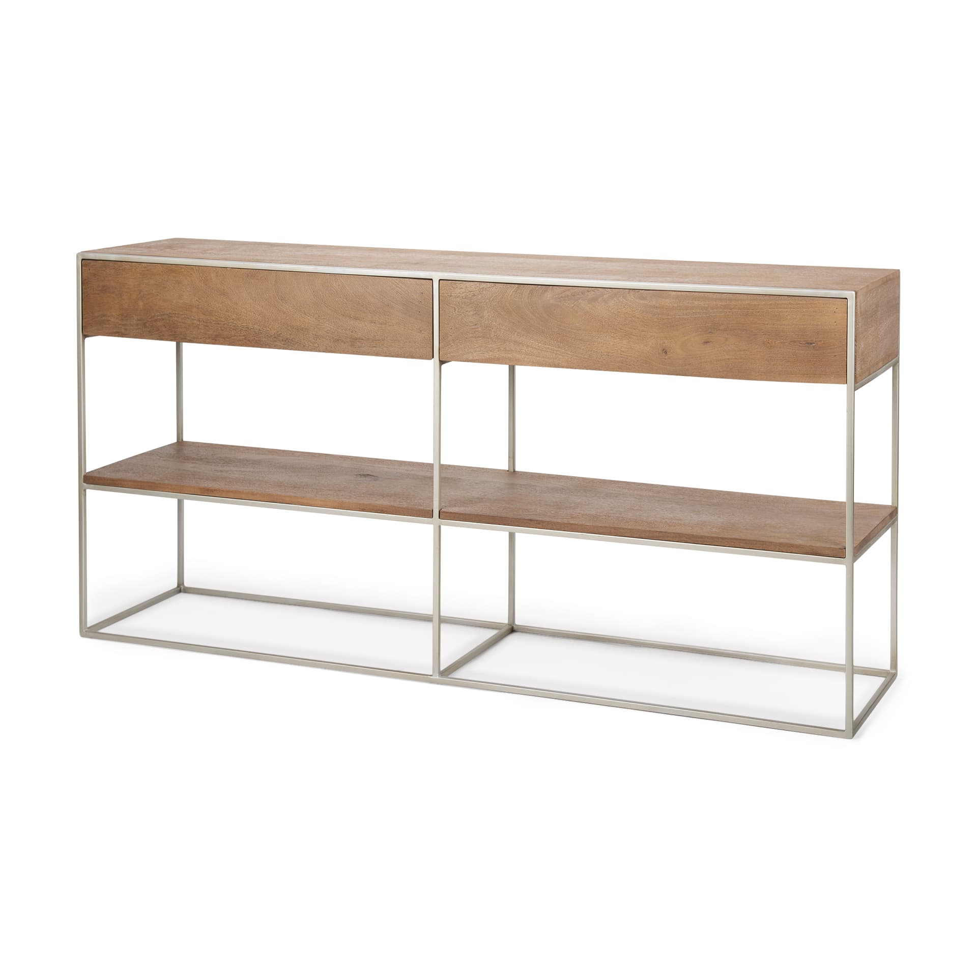 Morris I 63L x 15W x 31H Brown Wood w/ Silver Metal Frame 2 Drawer Console Table — product photograph
