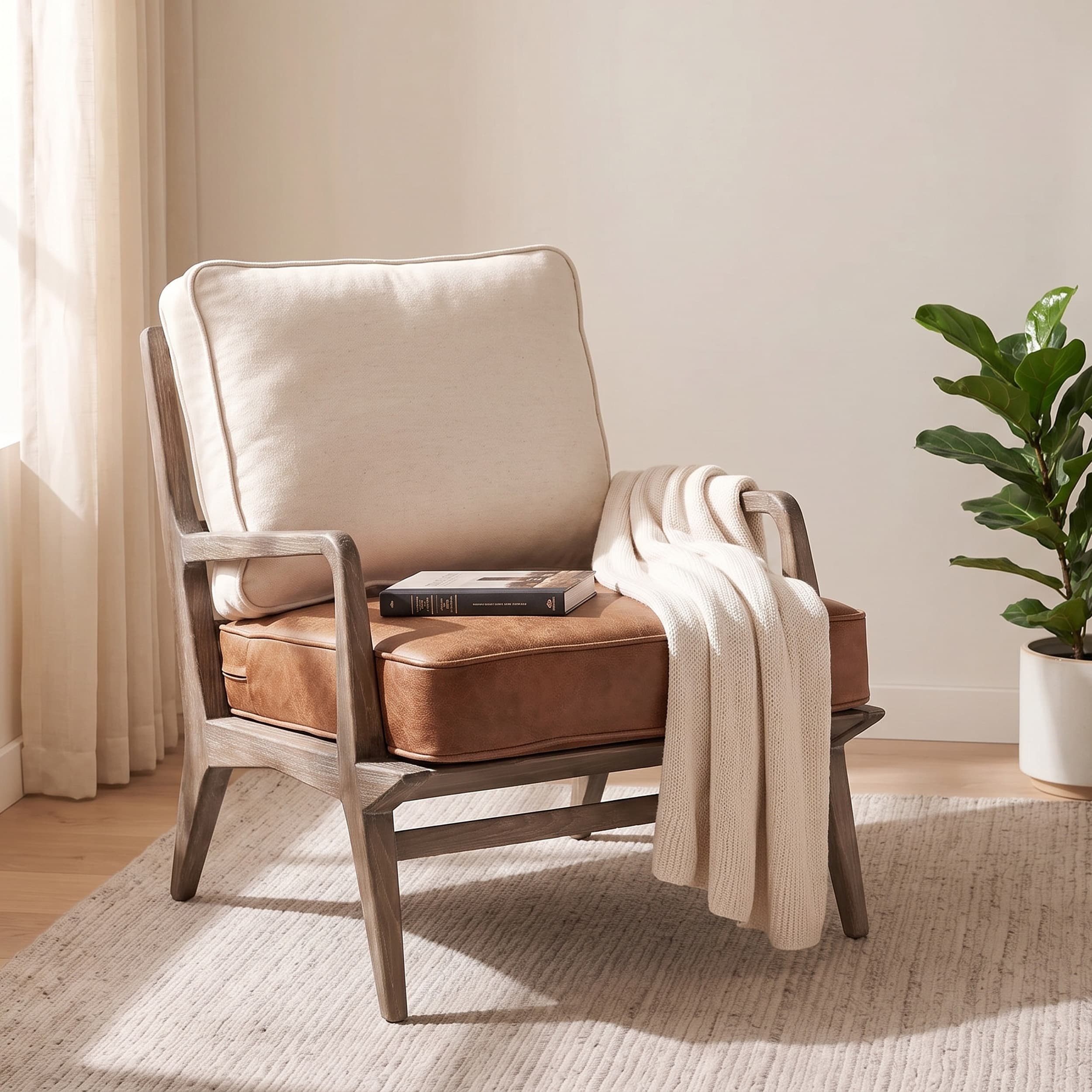 Harman II Cream Fabric and Brown Leather Seat Accent Chair — product photograph