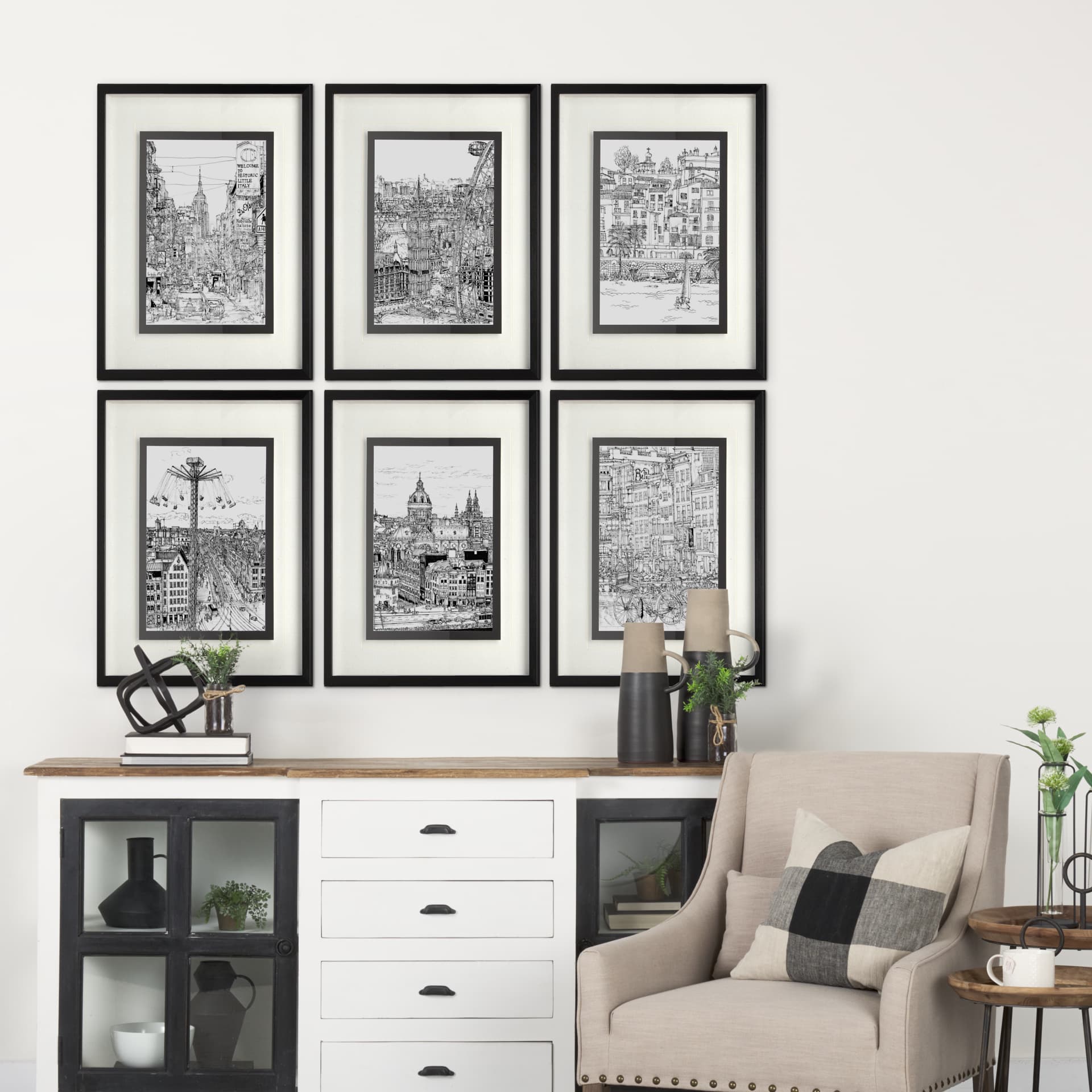 B&W City Scene V by Melissa Wang a Hand Embellished Textured Framed Art Print Matted under Glass — in a styled room