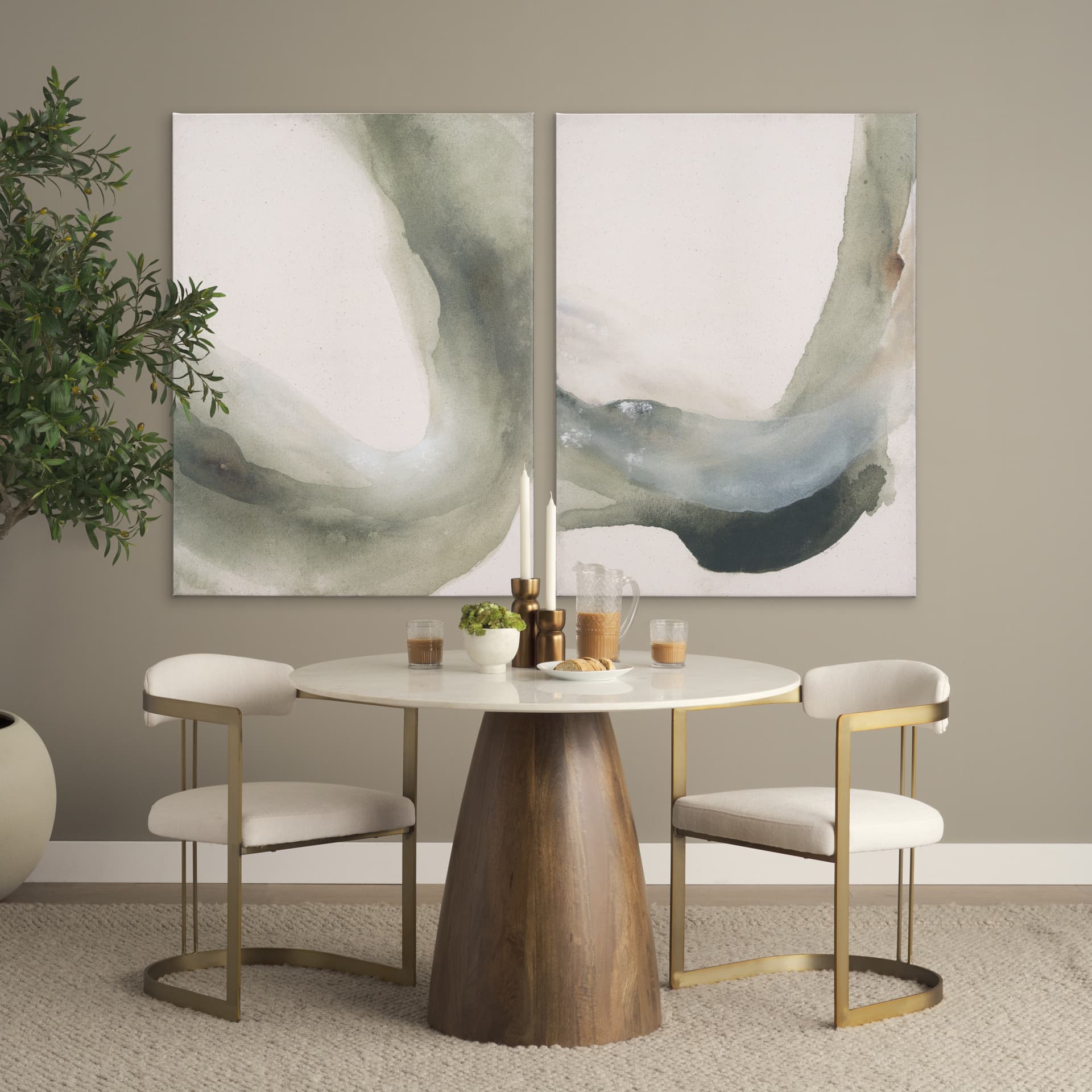 Allyson 42" Round Pedestal Dining Table | Banswara White Marble & Brown Wood | Seats 4 — product photograph