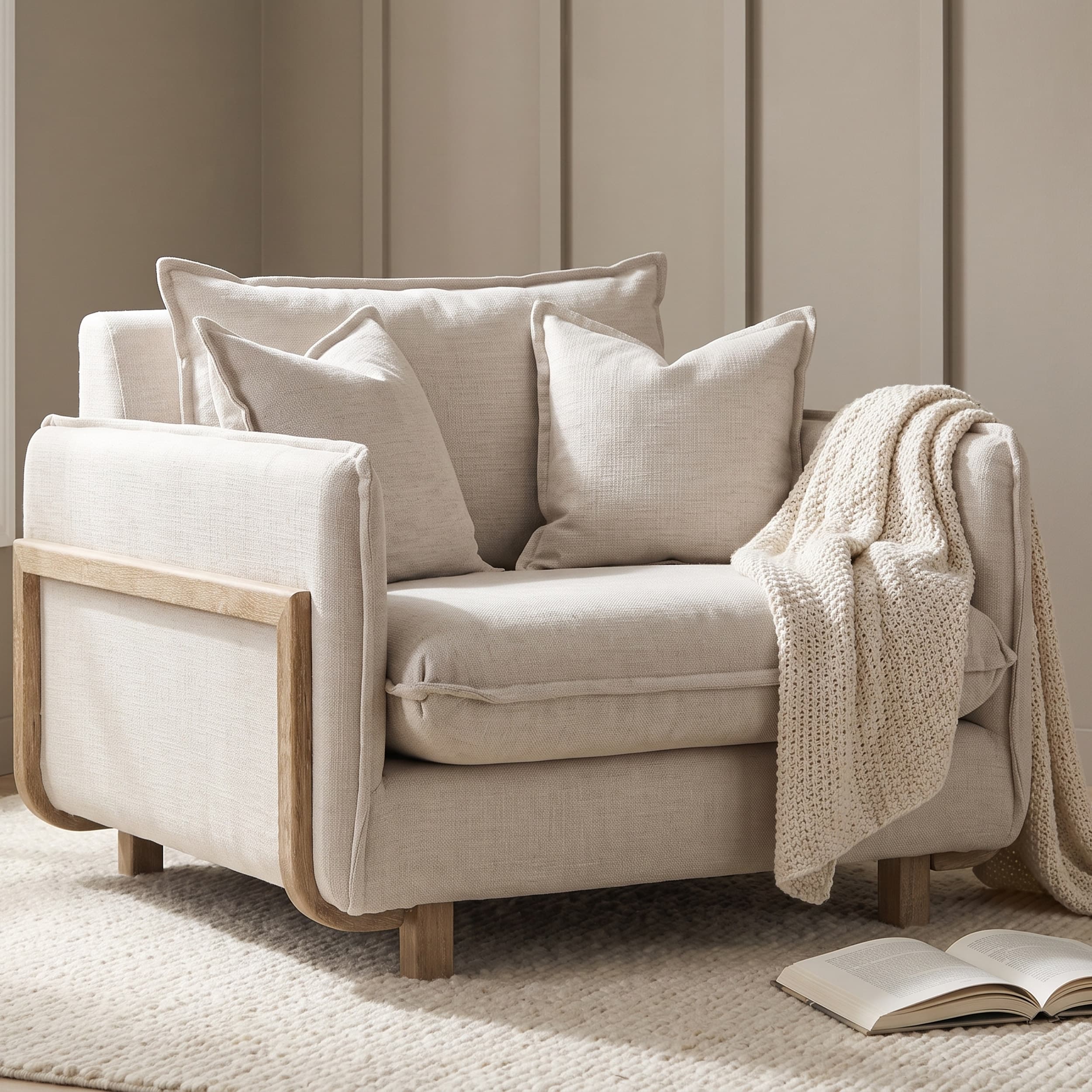 Roy II Beige Upholstered and Brown Wood Frame Arm Chair — product photograph