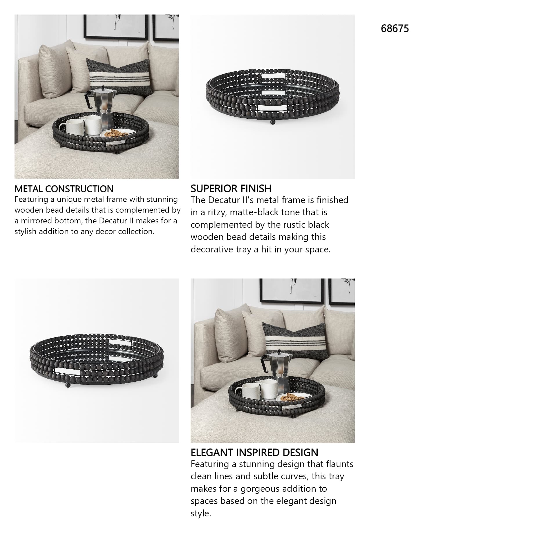 Decatur II 21L x 21W Black Wooden Bead Mirrored Bottom Round Tray — in a styled room