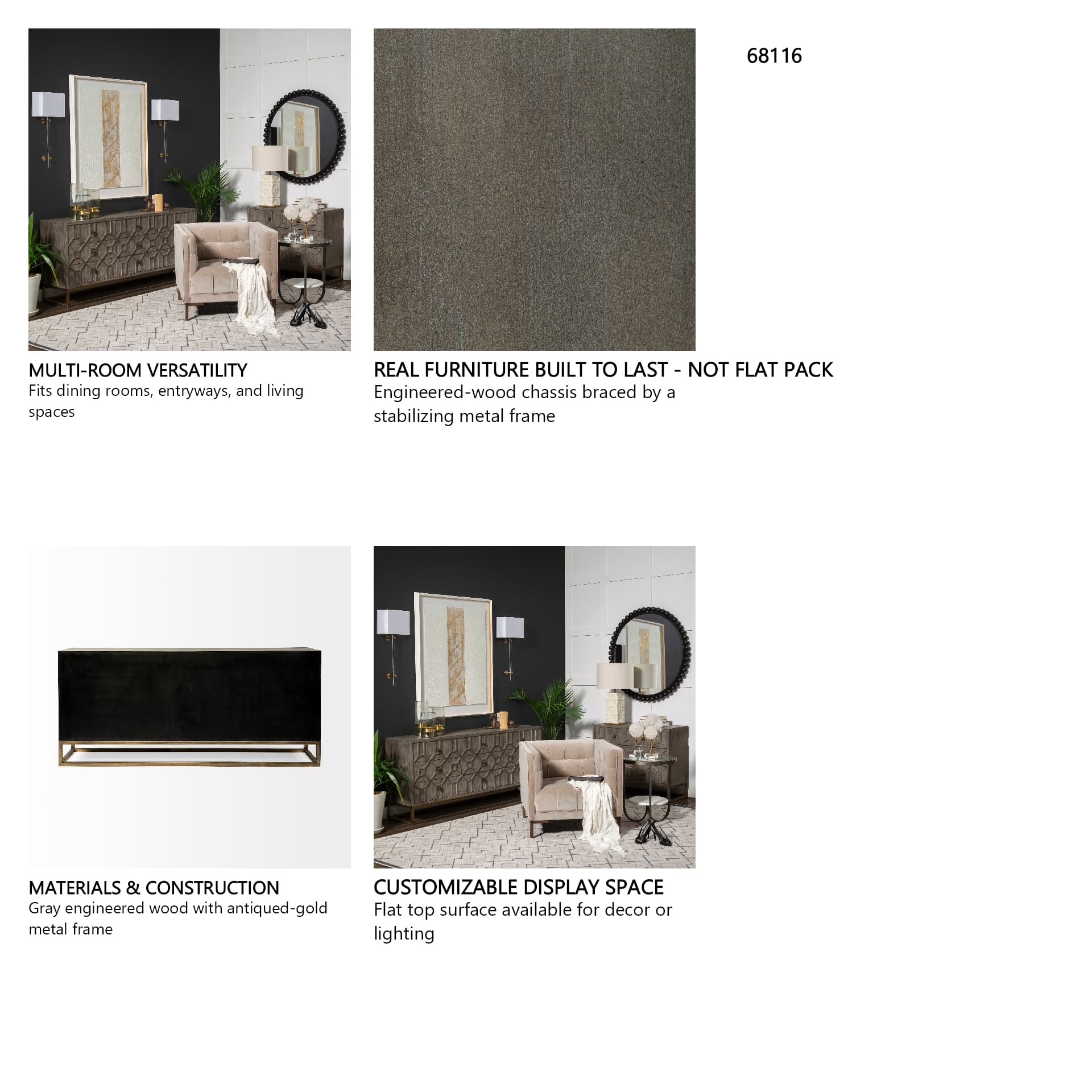 Genevieve II 70x15.8 Gray Fir Veneer W/Gold Metal Frame Base 9 Drawer Sideboard — in a styled room