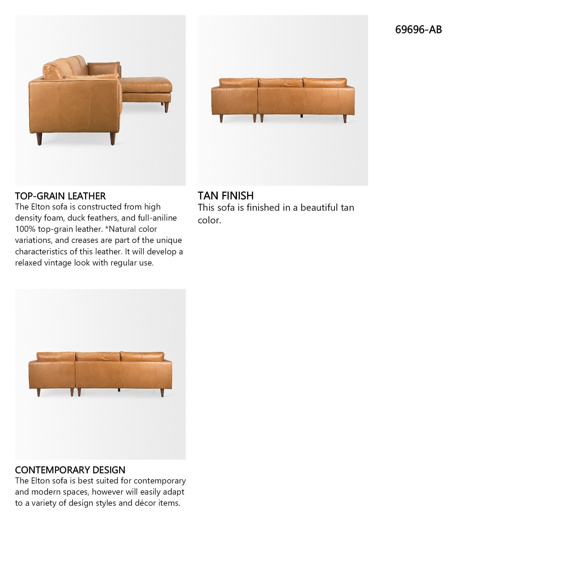 Elton 111.4L x 68.1W x 34.3H Tan Leather Right Chaise Sectional — in a styled room