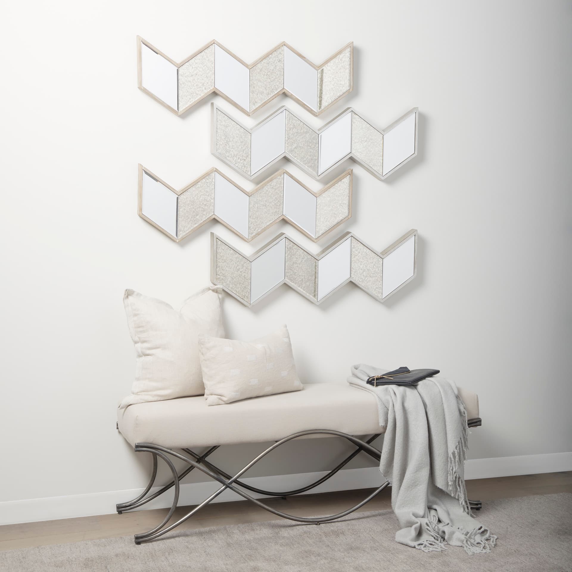 Ayla 55L x 17.6W x 18H Cream Fabric Seat W/ Antique Nickel Frame Bench — product photograph