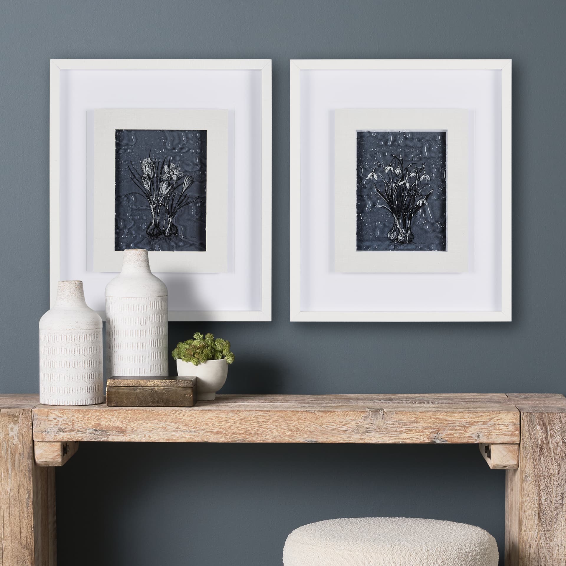 Botanical sketches V (Blue) by Mercana Studio Hand Embellished Framed Art Print Matted under Glass — in a styled room
