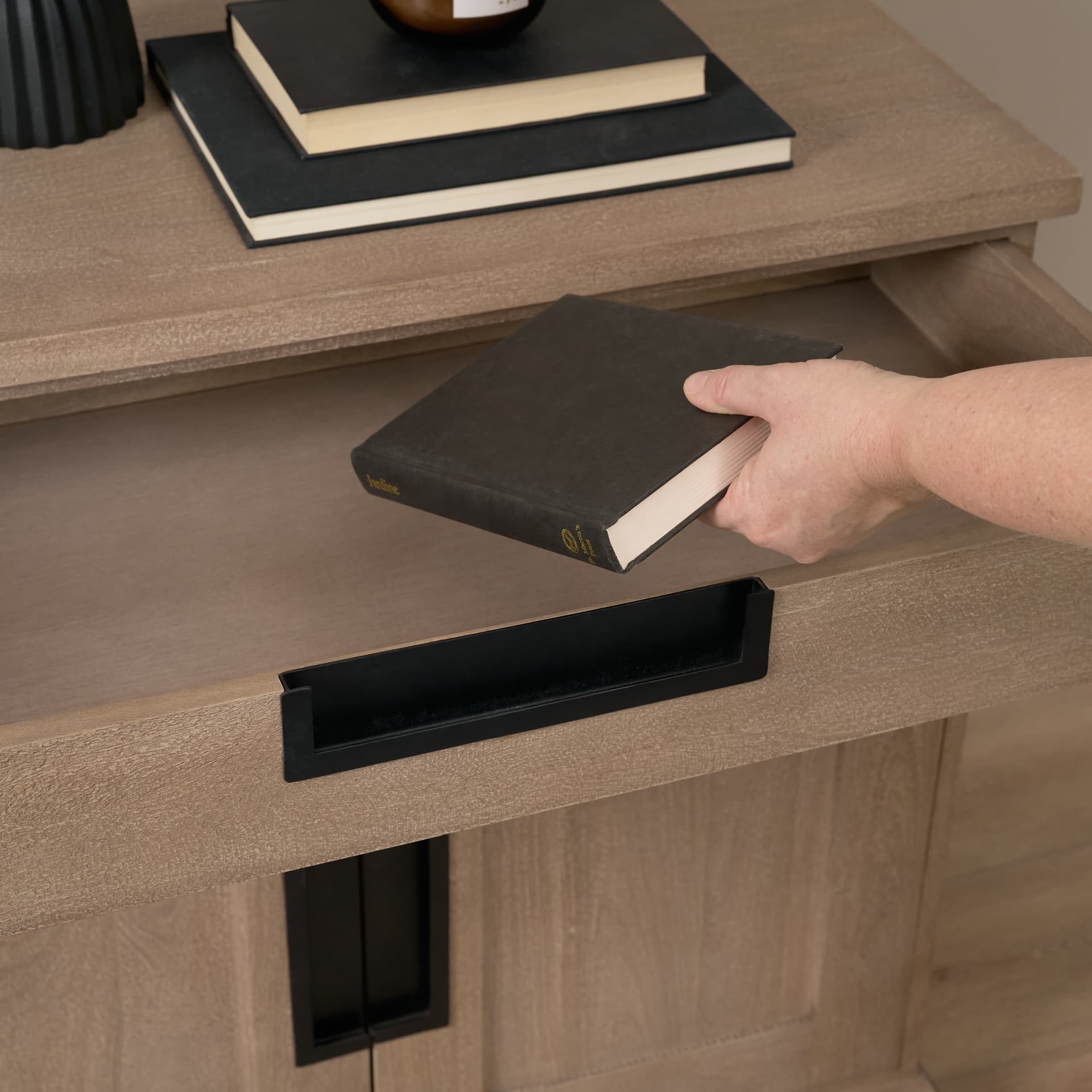 Braxton 33.5L x 18.5W x 31.5H Beige Wood W/Black Accents 2 Door Accent Cabinet — product photograph