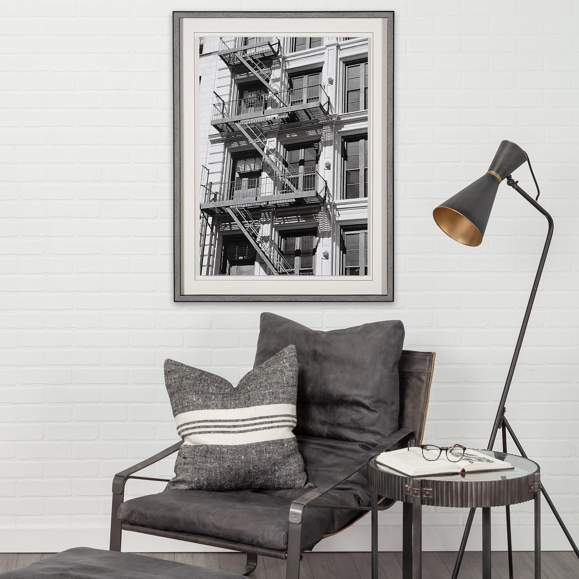 New York Fire Escape by Susan Vizary Photoy Hand Embelished Framed Photo Art Print Matted under Glas — in a styled room