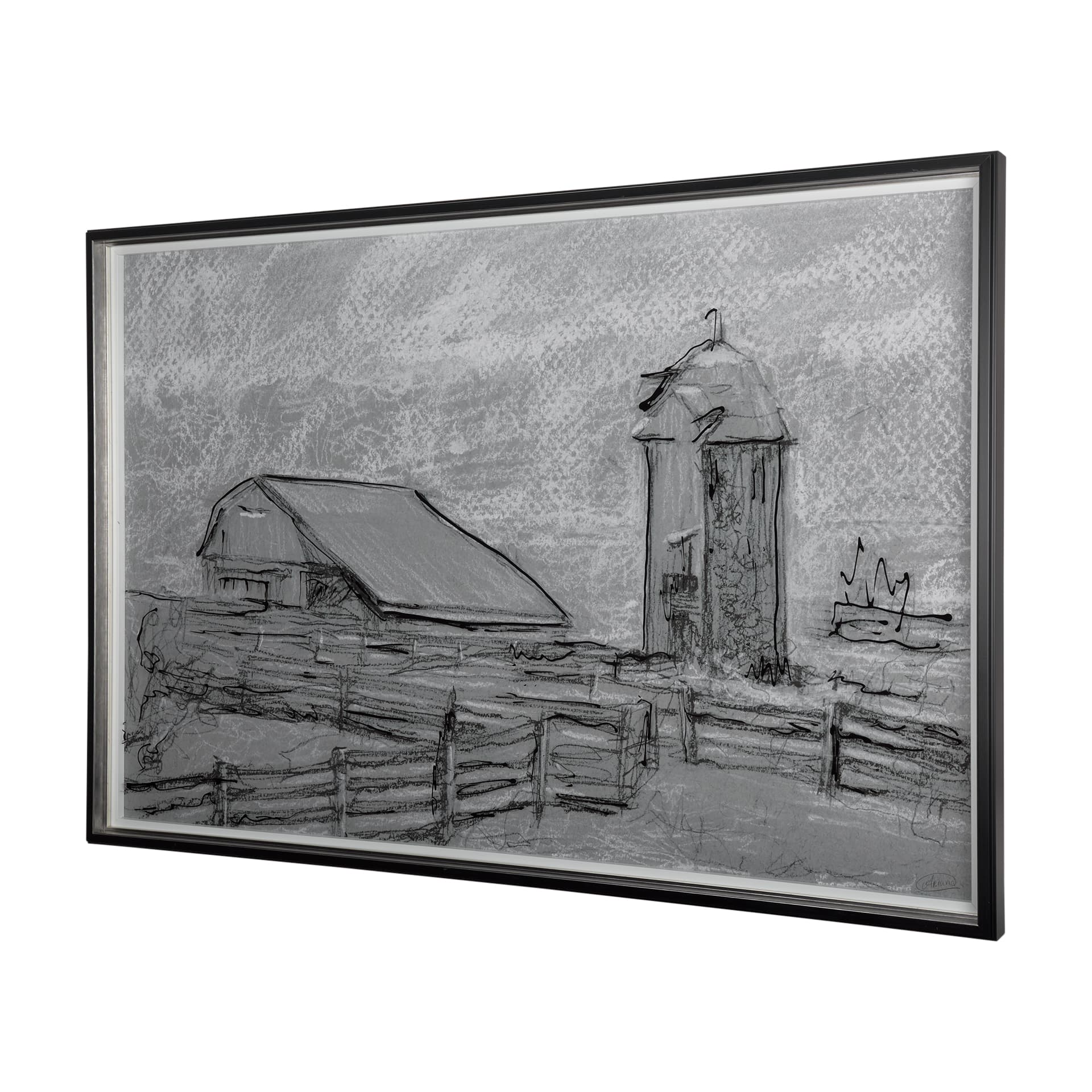 Farm view sketch II by Mercana Studio Hand Embellished Textured Framed Art Print Matted under Glass — product photograph