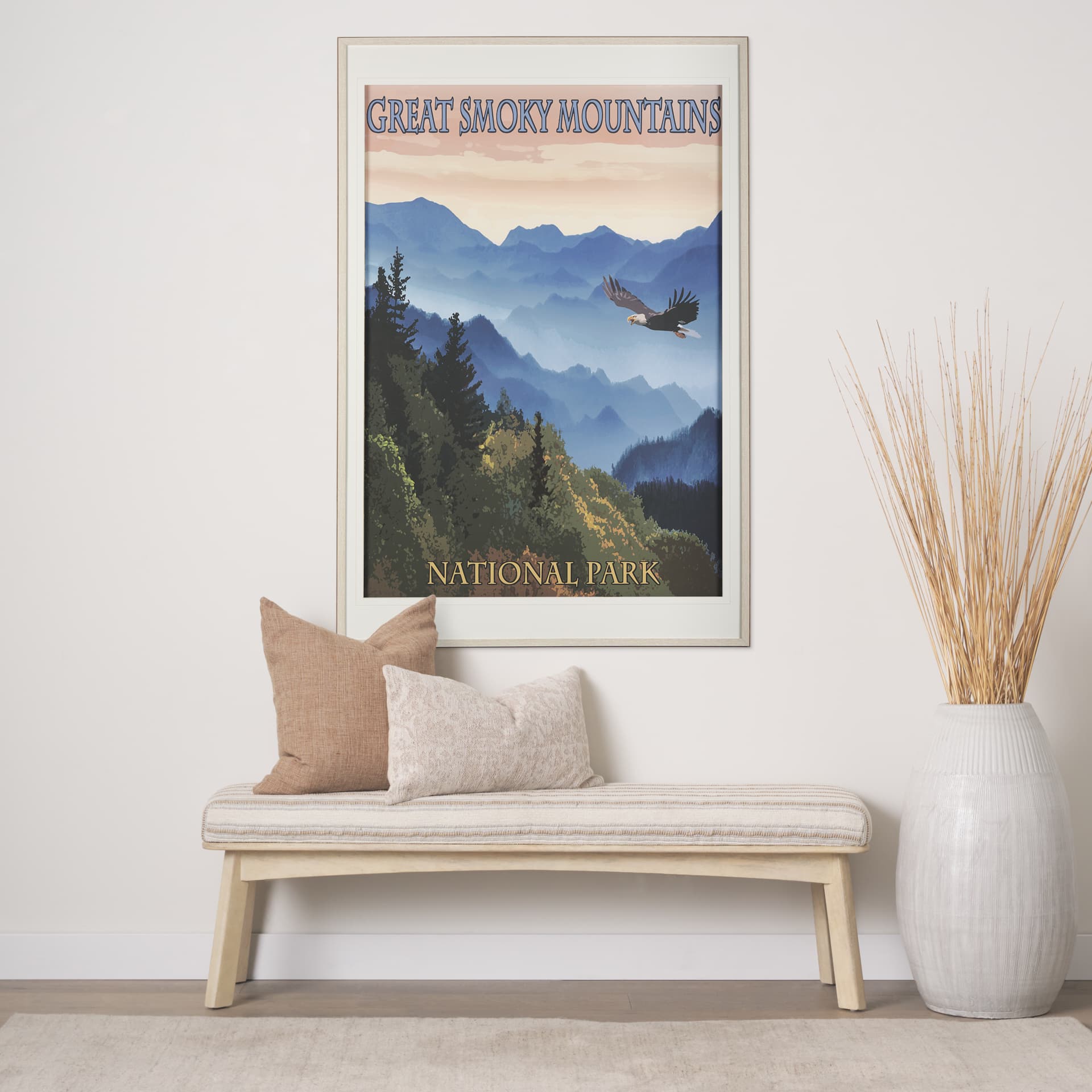 National Park Great Smoky Mountains by Mercana Studio a Framed Art Print Matted under Glass — in a styled room