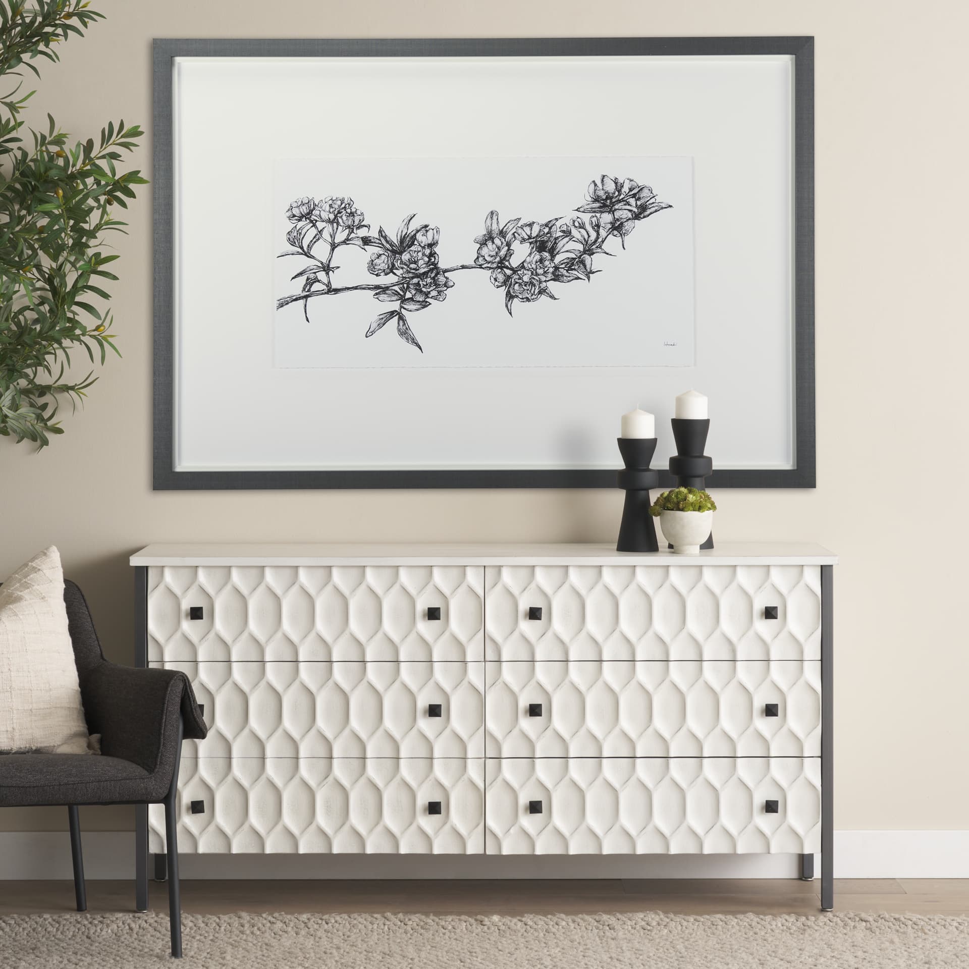 Cherry Blossom I by Mercana Studio a Hand Embellished Textured Framed Art Print Matted under Glass — in a styled room
