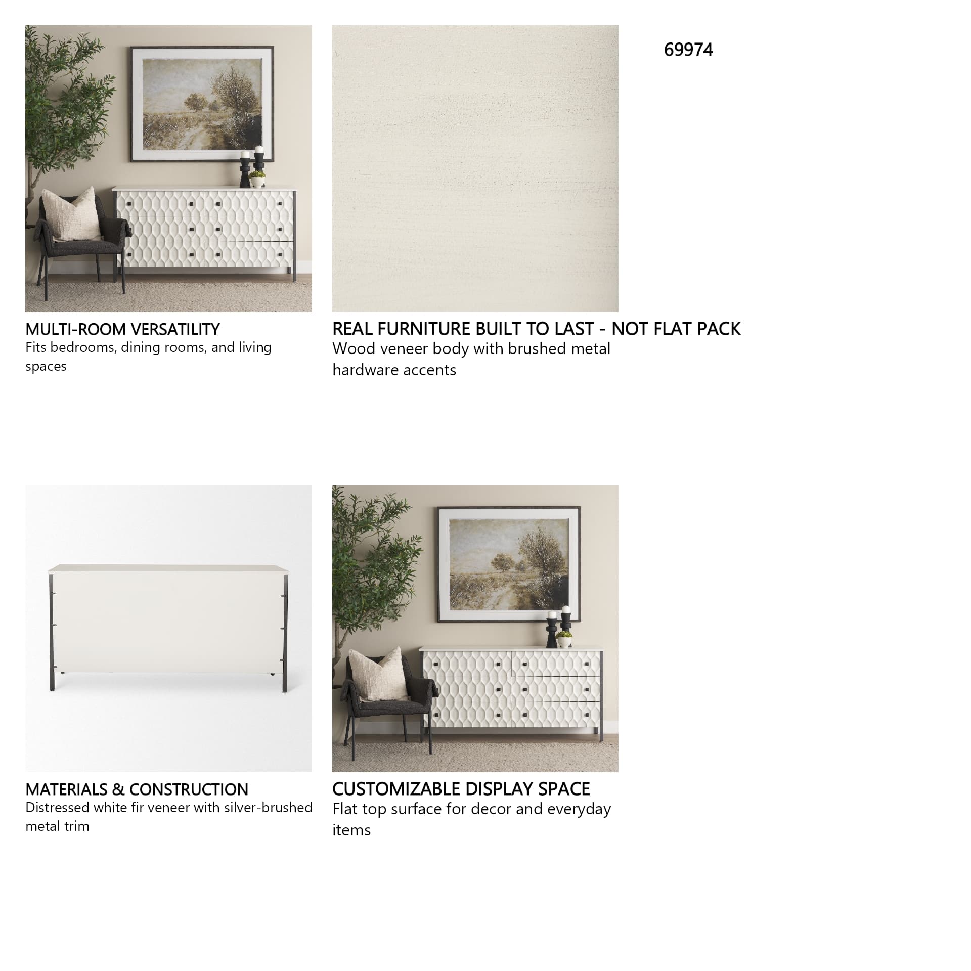 Savannah White Fir Veneer w/ Gray Metal 6-Drawer Sideboard — in a styled room