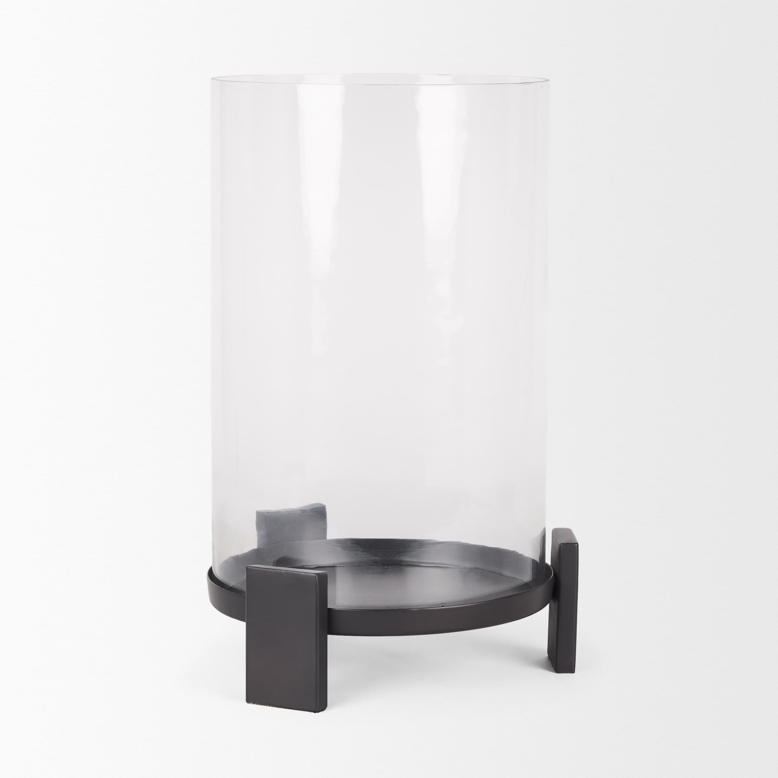 Price Large Matte Black-Brown Metal w/ Glass Hurricane Candle Holder — product photograph