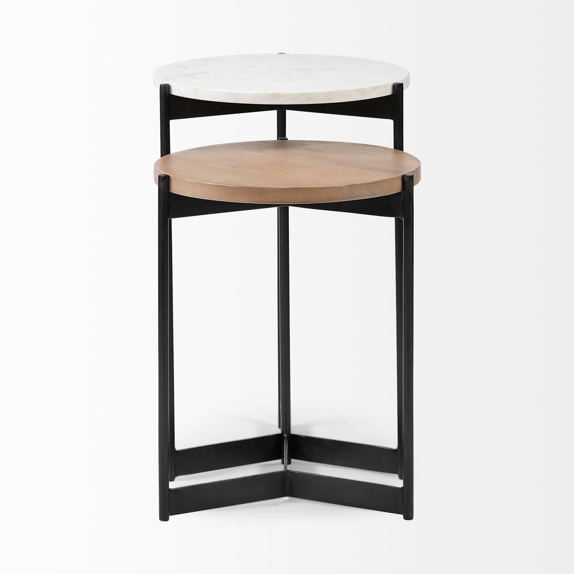 Larkin II Marble and Medium Brown Wood Round Tabletop Nesting End/Side Tables — product photograph