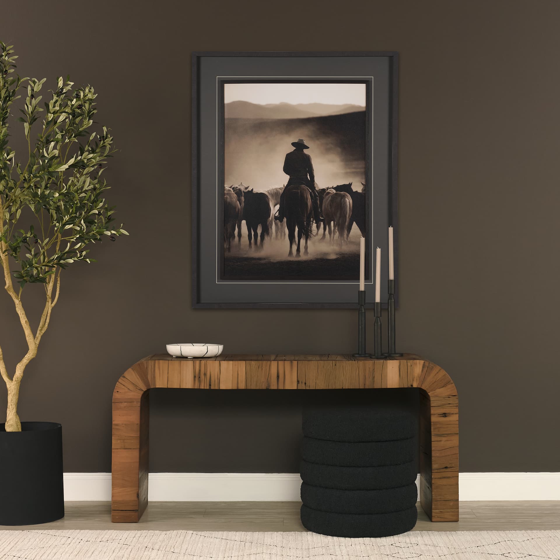 Denton Medium Brown Relcaimed Wood Console Table — in a styled room