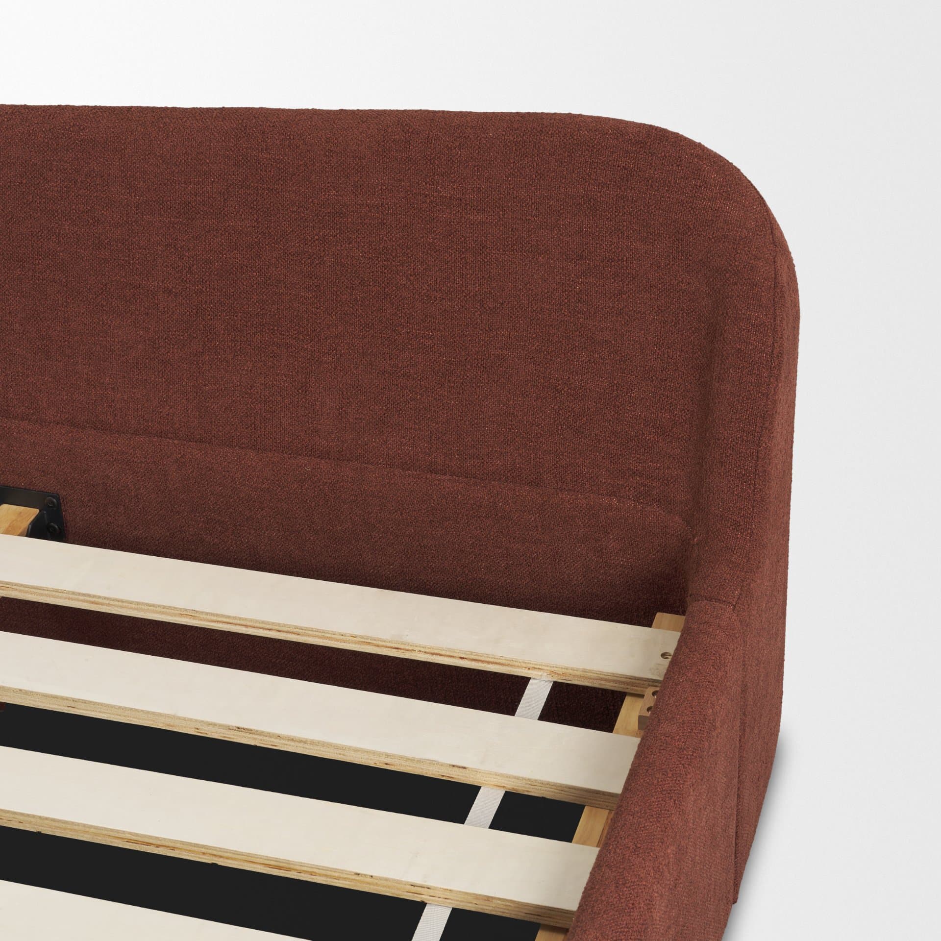 Solene King Upholstered Bedframe w/ Footbed | Curved Headboard | Burgundy Fabric — product photograph