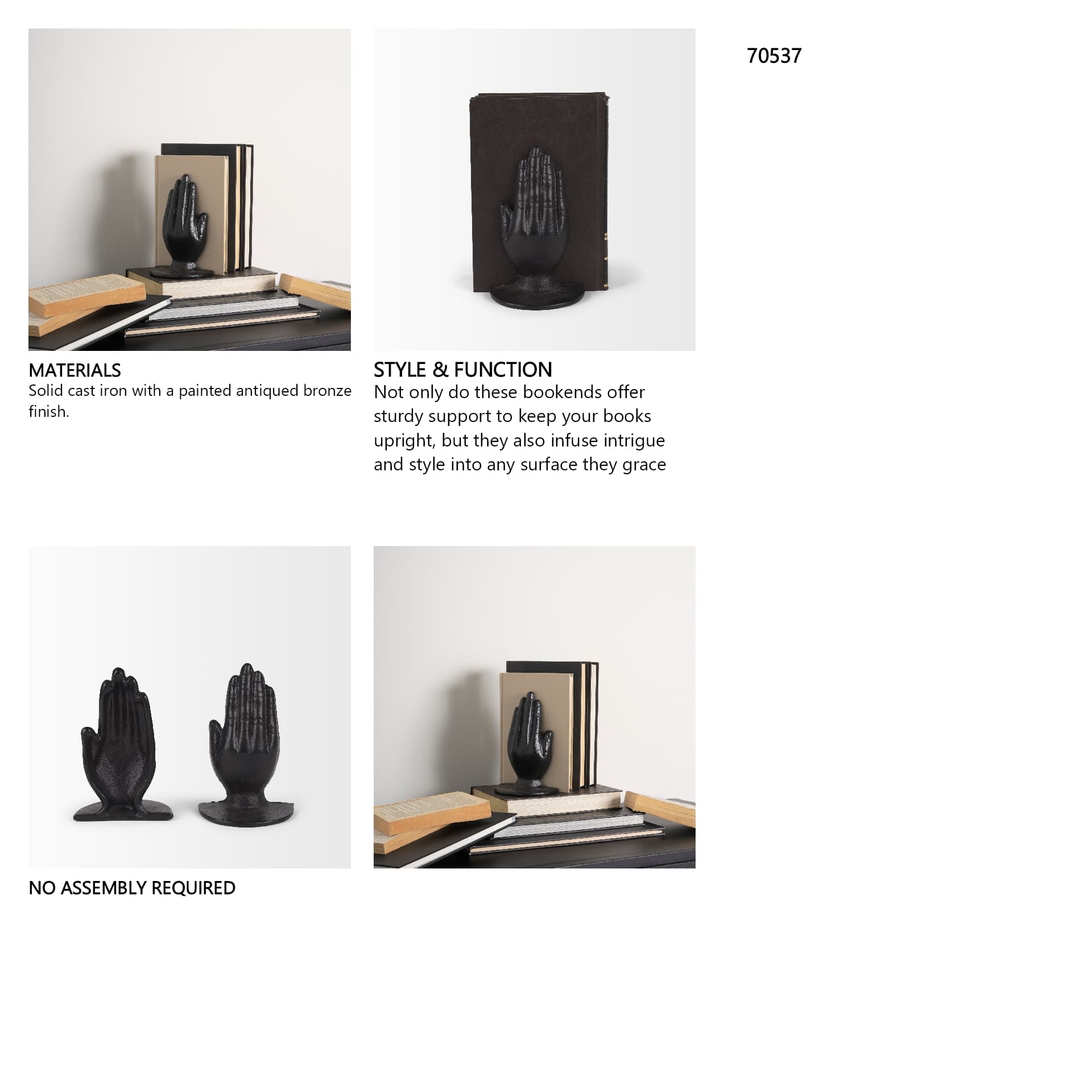 Praying Hands Bronze Cast Iron Book Ends — in a styled room