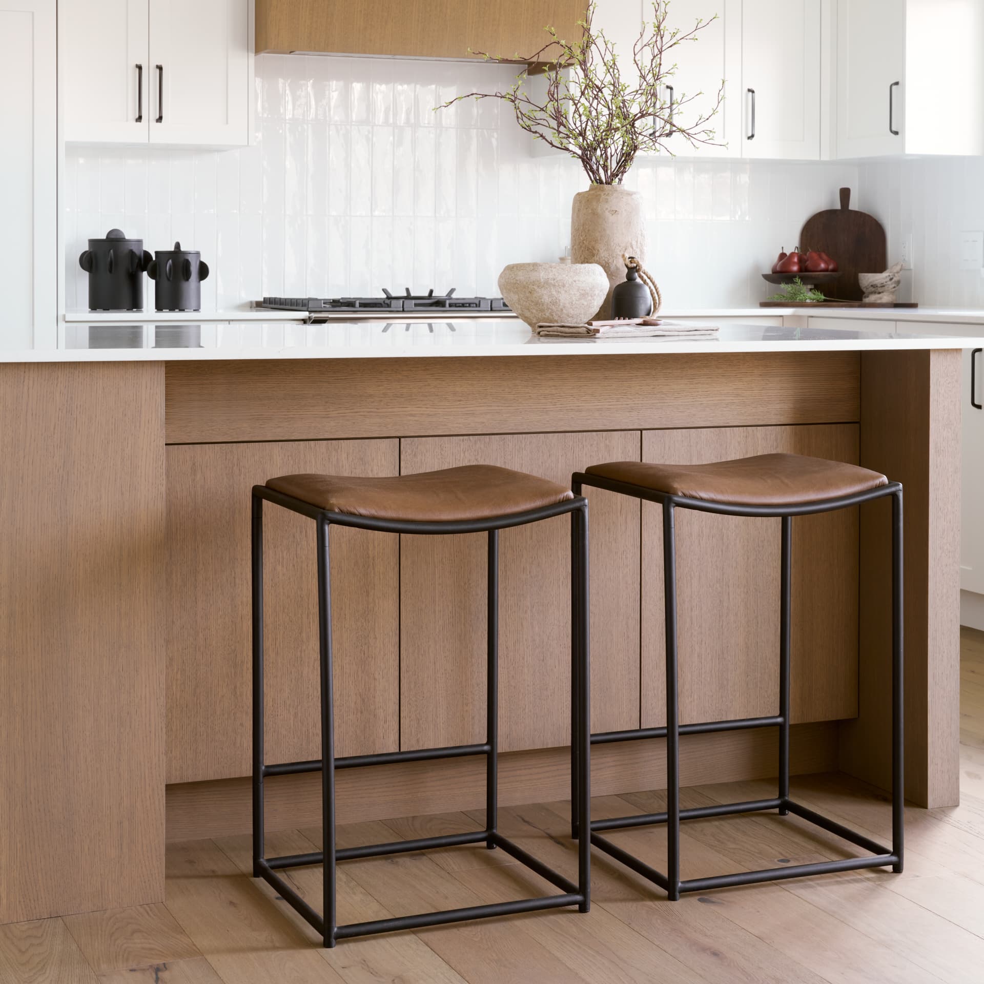 Taniel Backless 27.25in Seat Counter Stool | Brown Leather w/ Metal — product photograph