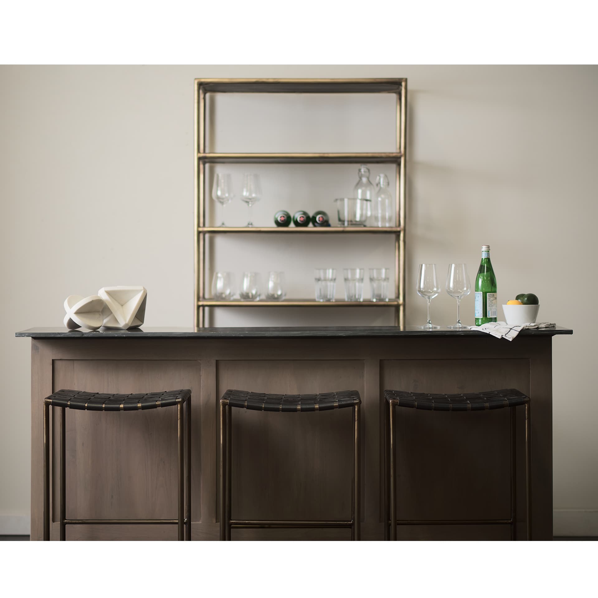 Clarissa Backless 26.25in Seat Counter Stool | Black Leather w/ Metal — in a styled room