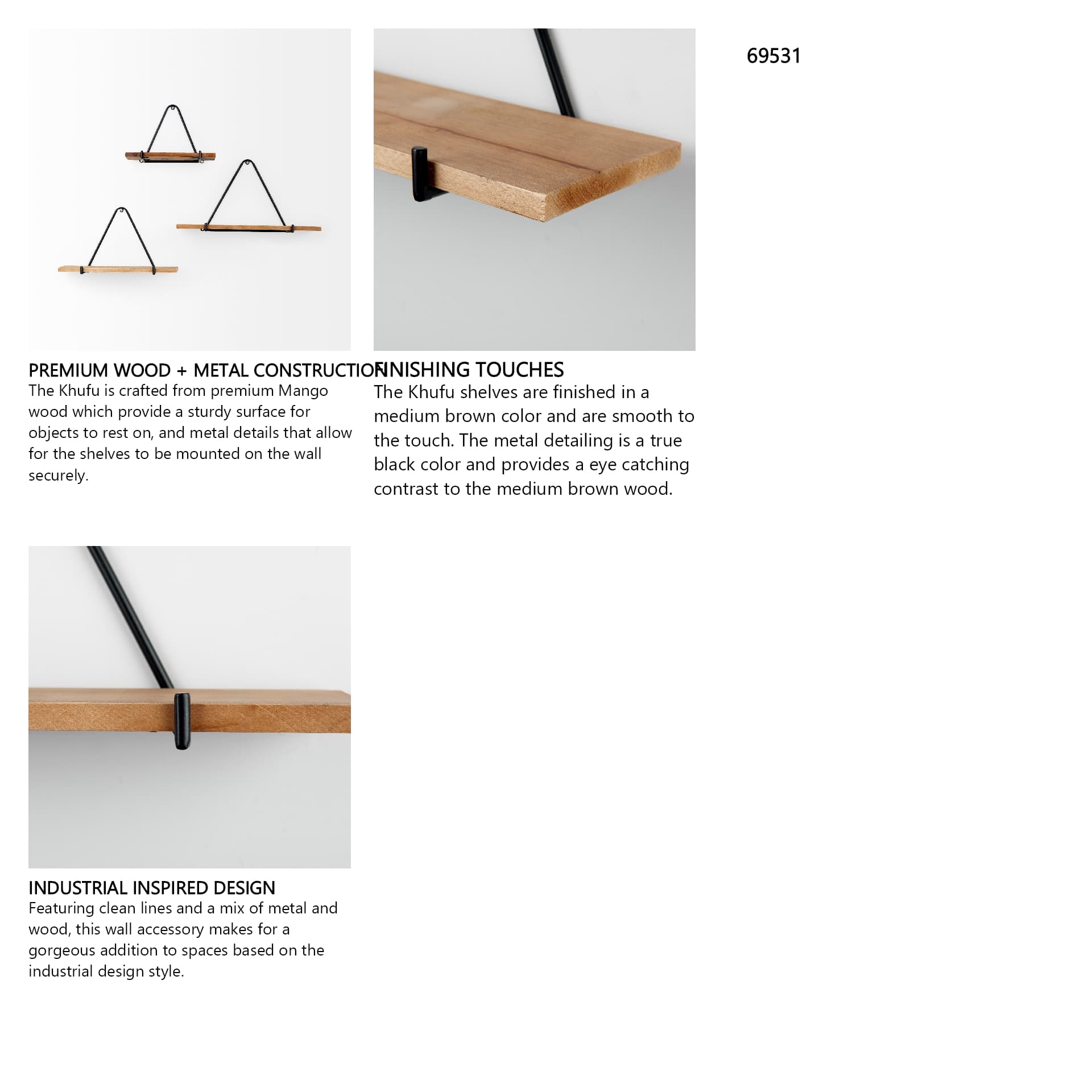 Khufu 18.9L x 5.5W x 10.2H Set of Three Brown Wood W/ Black Metal Triangular Hanging Shelves — in a styled room