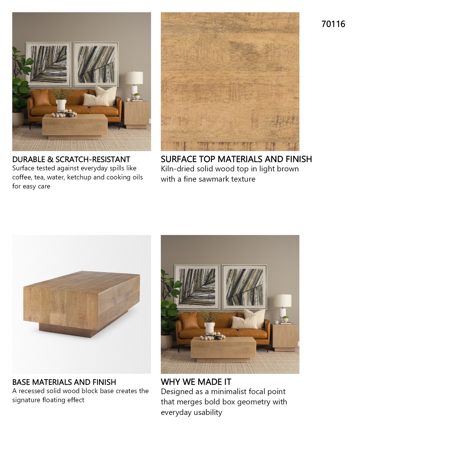 Hayden Light Brown Wood Rectangular Coffee Table — in a styled room