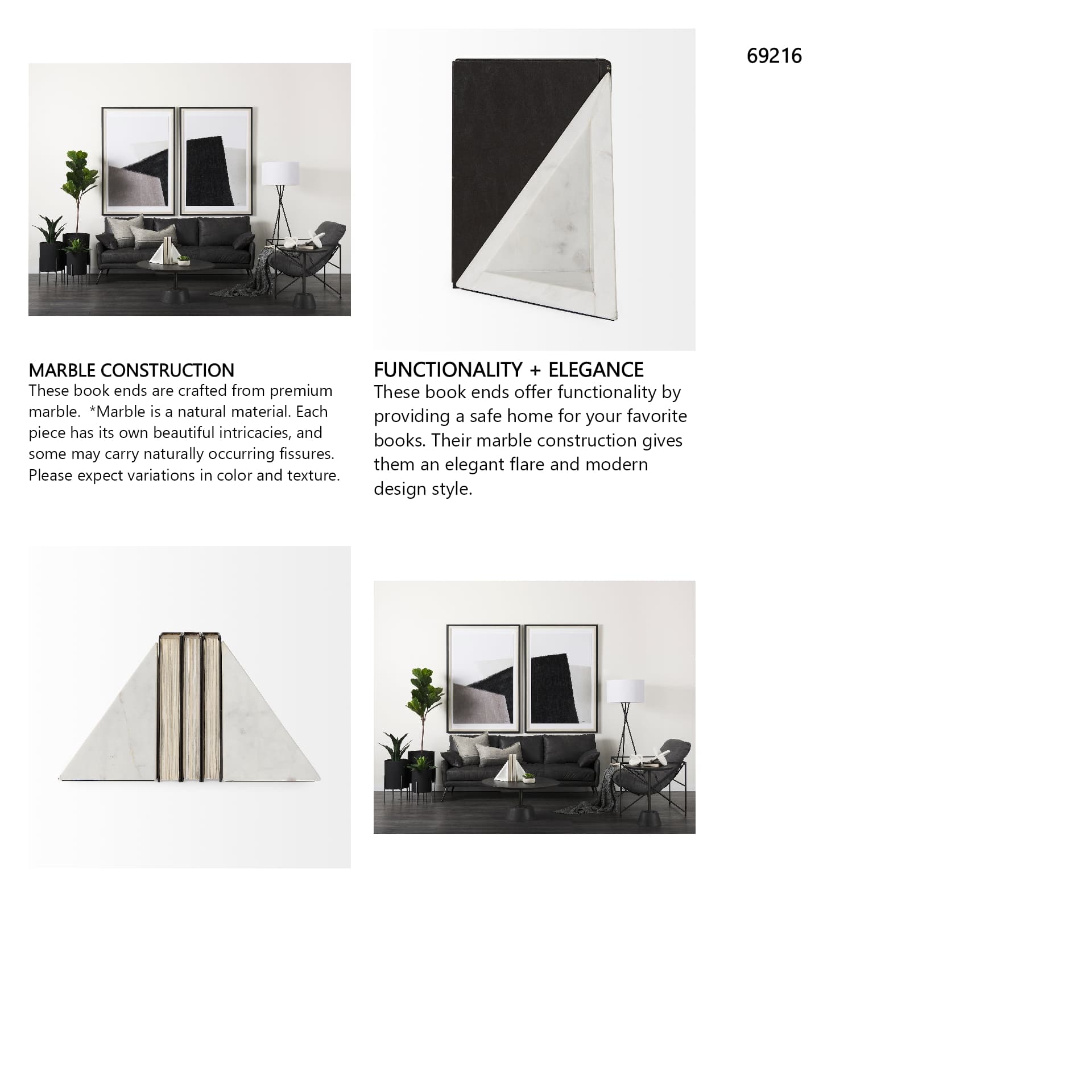 Sophia 8.0"L x 6.0"W x 7.0"H Marble Set Of Two Bookends — in a styled room
