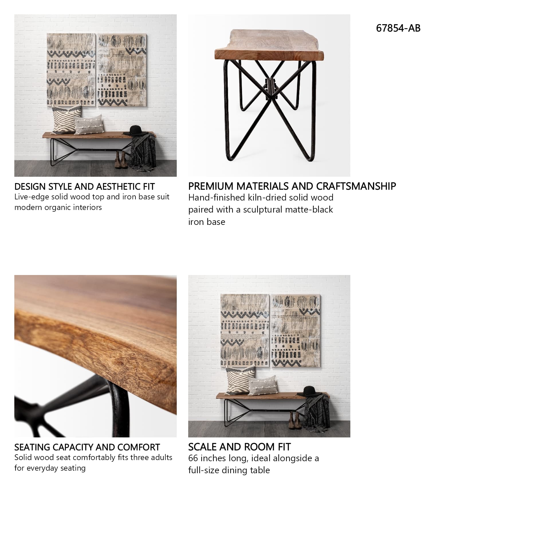 Papillion III 66x18 Natural Solid Wood and Iron Dining Bench — in a styled room