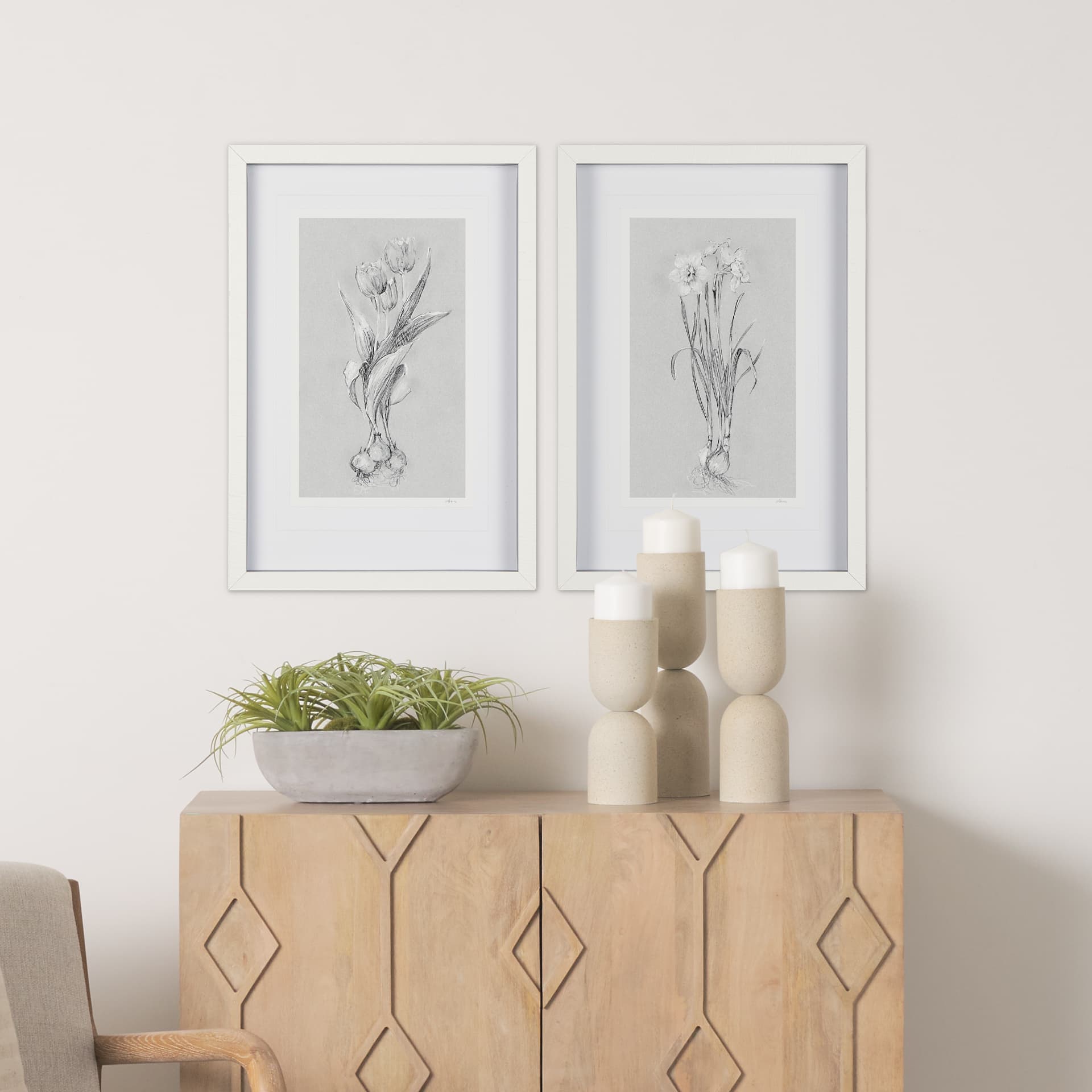 Botanical sketches I (Grey) by Mercana Studio Hand Embellished Framed Art Print Matted under Glass — in a styled room